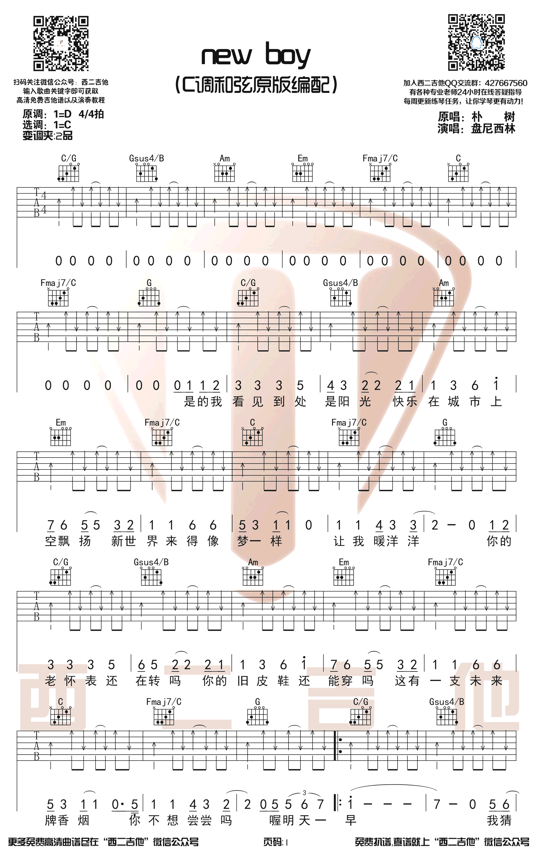 NewBoy吉他谱,原版盘尼西林歌曲,简单C调弹唱教学,西二吉他版六线指弹简谱图