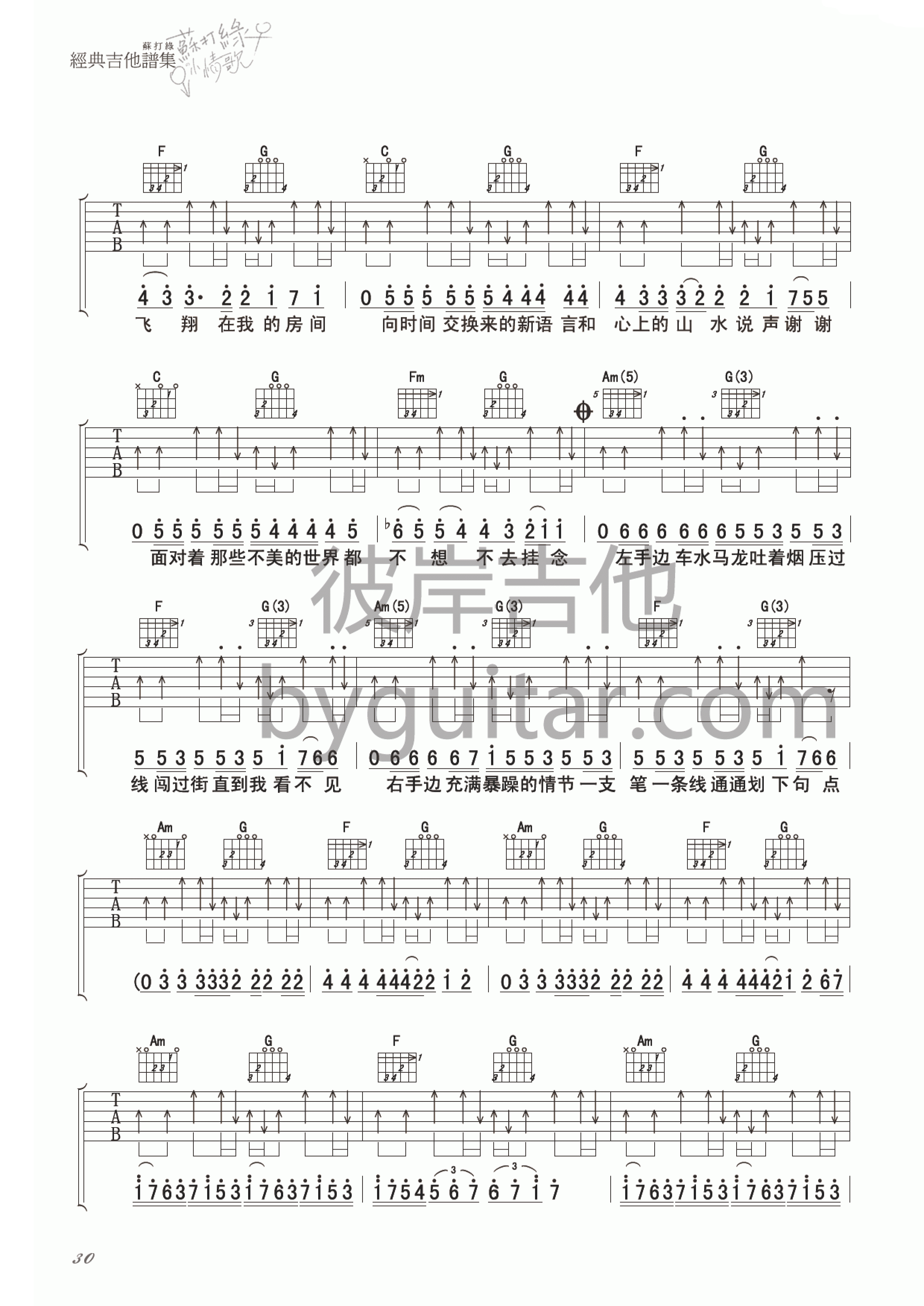 小宇宙吉他谱,原版苏打绿歌曲,简单C调弹唱教学,彼岸吉他版六线指弹简谱图