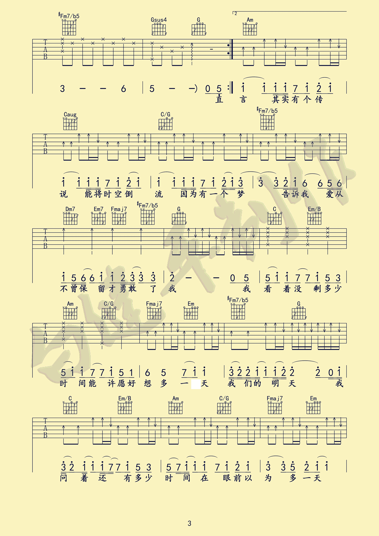 我们的明天吉他谱,原版鹿晗歌曲,简单G调弹唱教学,白健平版六线指弹简谱图