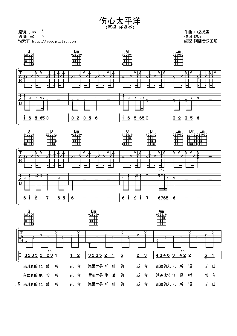 伤心太平洋吉他谱,原版任贤齐歌曲,简单G调弹唱教学,阿潘音乐工场版六线指弹简谱图