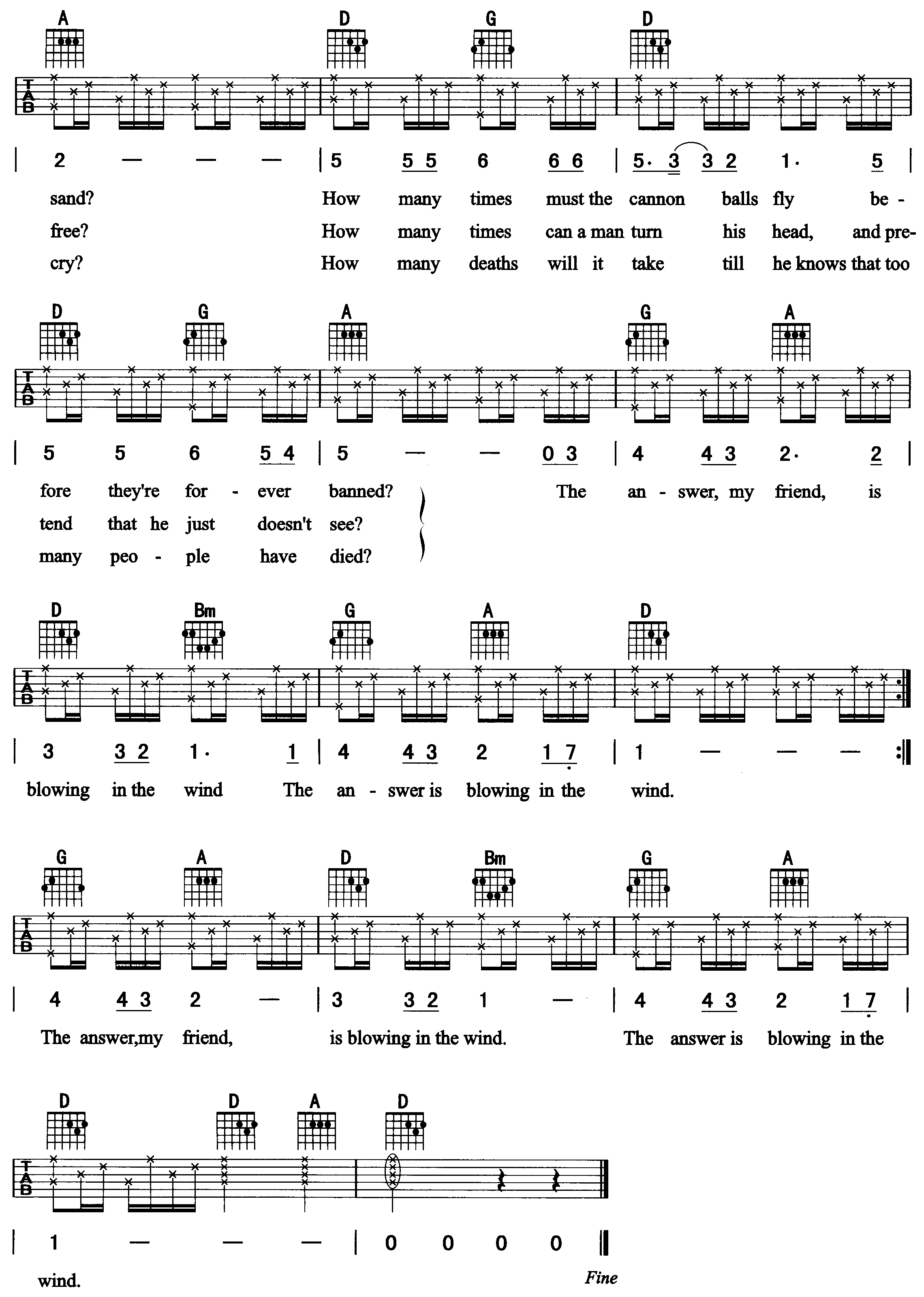 BlowingInTheWind吉他谱,原版BobDylan歌曲,简单D调弹唱教学,网络转载版六线指弹简谱图