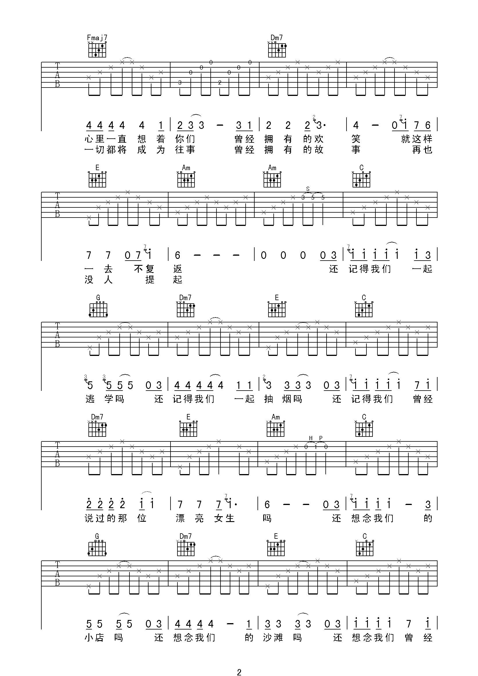 想念吉他谱,原版陈楚生歌曲,简单C调弹唱教学,彼岸吉他版六线指弹简谱图