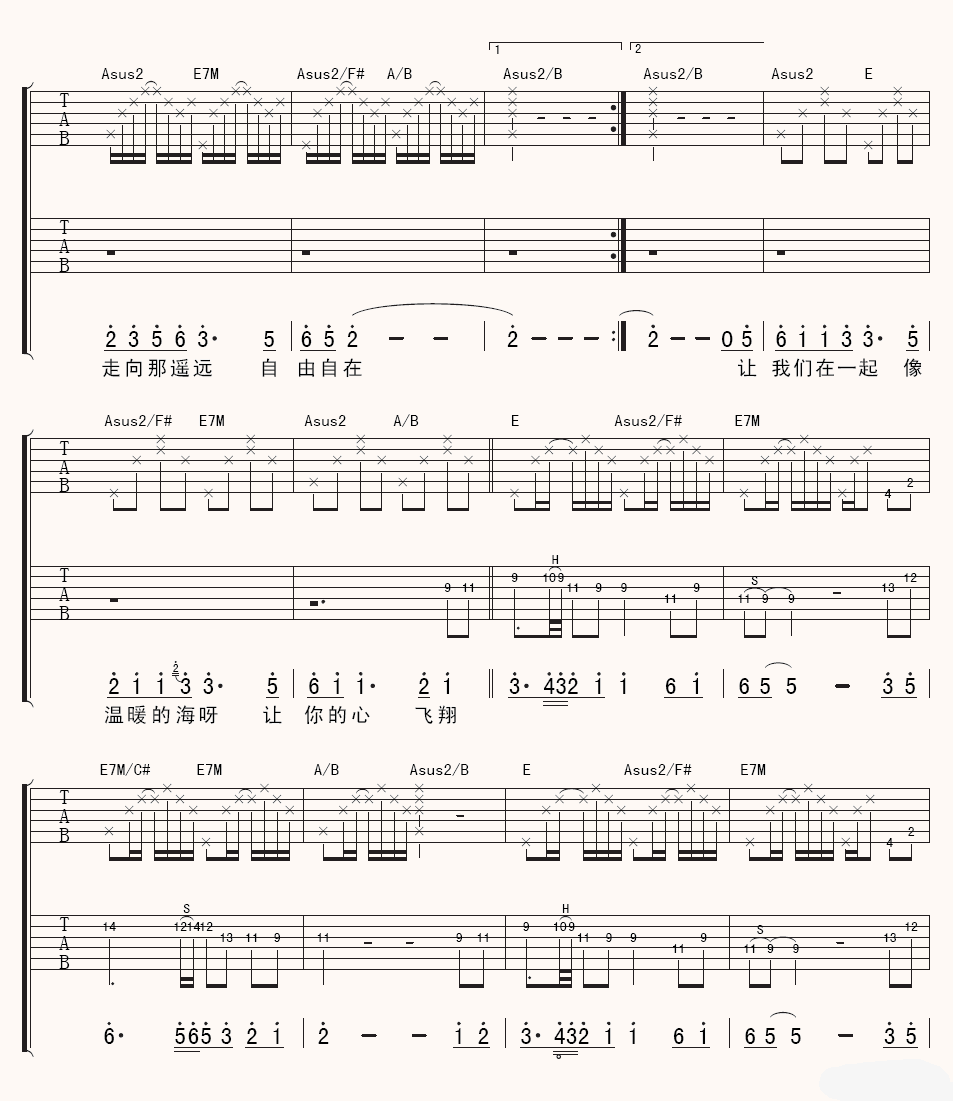 心的世界吉他谱,原版小娟歌曲,简单E调弹唱教学,彼岸吉他版六线指弹简谱图