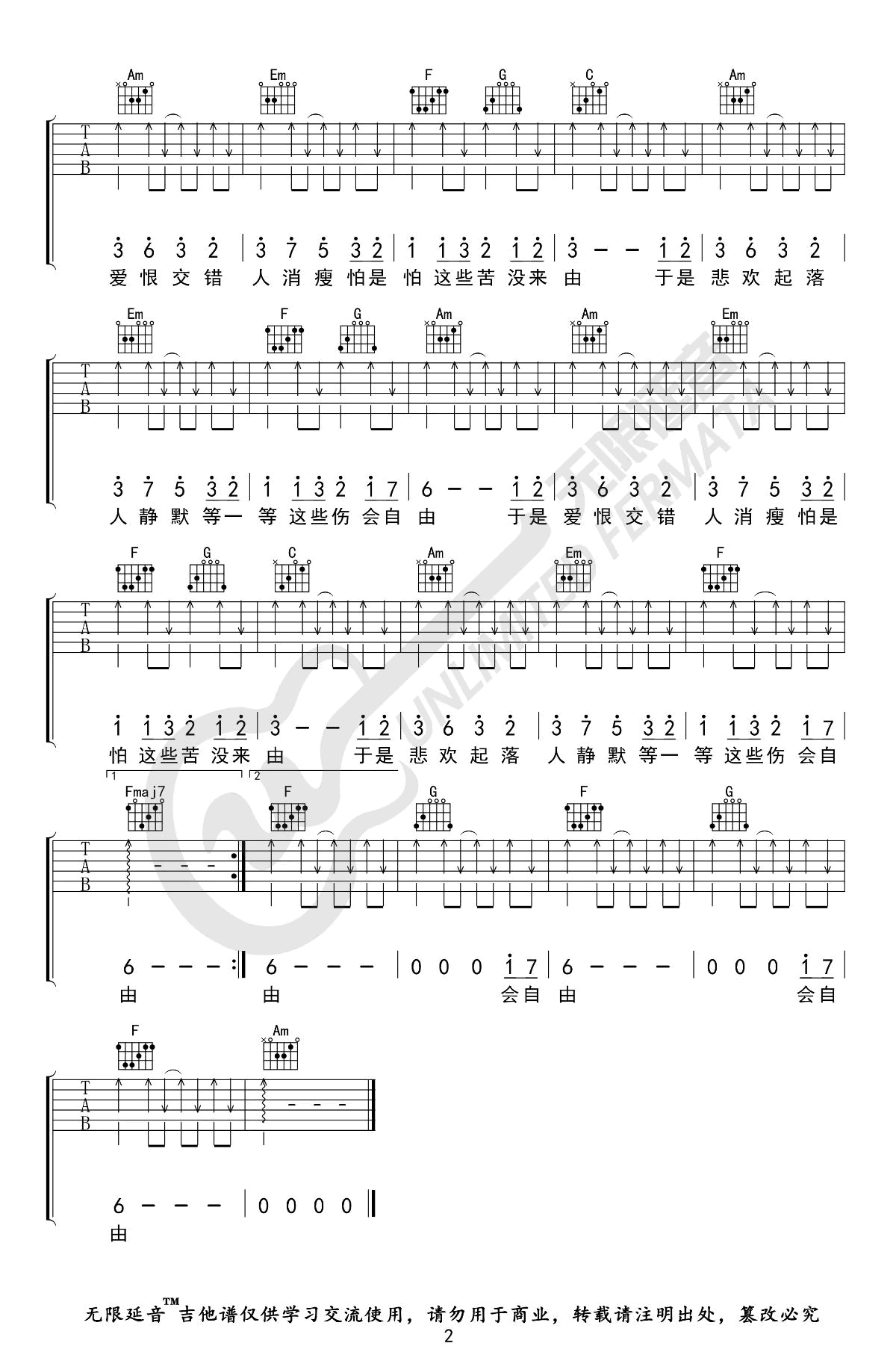 口是心非吉他谱,张雨生歌曲,简单指弹教学简谱,无限延音六线谱图片