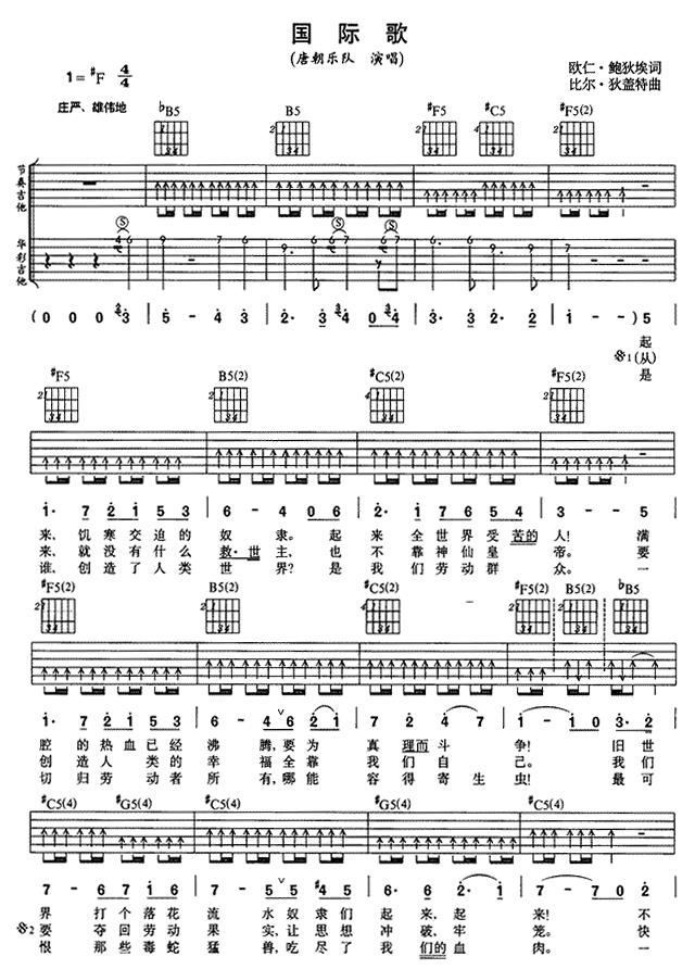 国际歌吉他谱,原版唐朝乐队歌曲,简单F调弹唱教学,网络转载版六线指弹简谱图