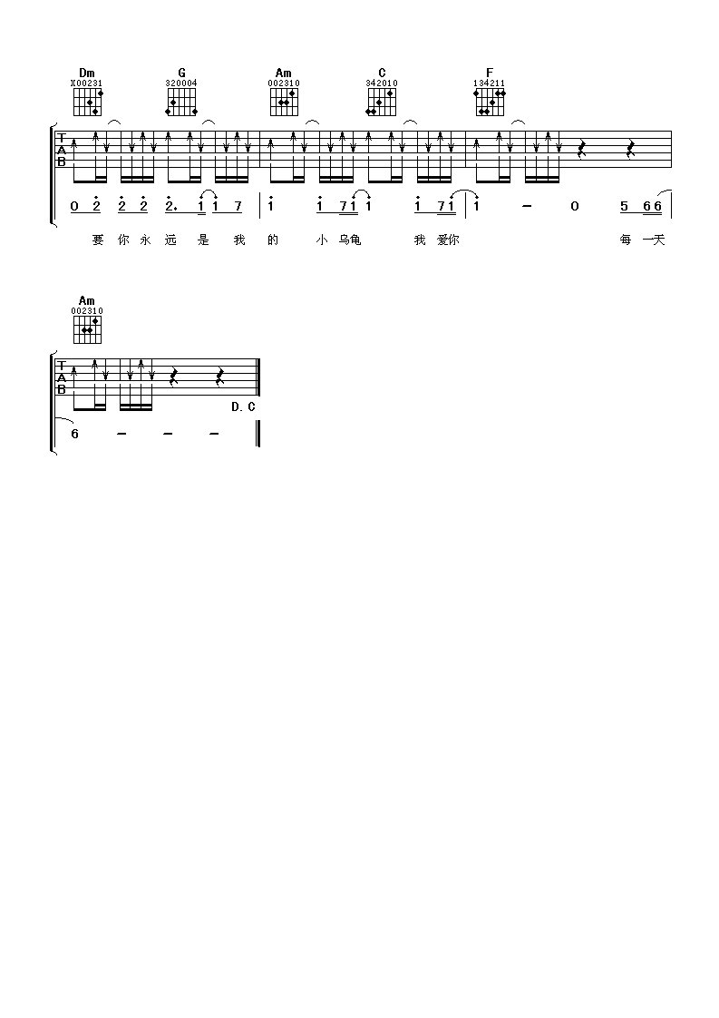 小乌龟吉他谱,原版张栋梁歌曲,简单C调弹唱教学,阿潘音乐工场版六线指弹简谱图