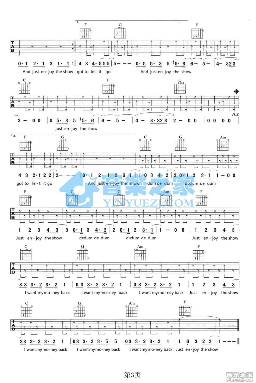 TheShow吉他谱,原版Lenka歌曲,简单C调弹唱教学,音乐之家版六线指弹简谱图