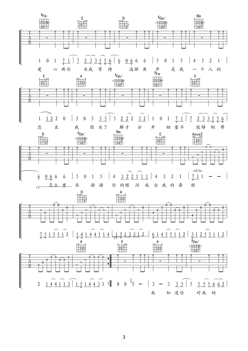 因为了解吉他谱,原版汪苏泷歌曲,简单A调弹唱教学,小叶歌吉他版六线指弹简谱图