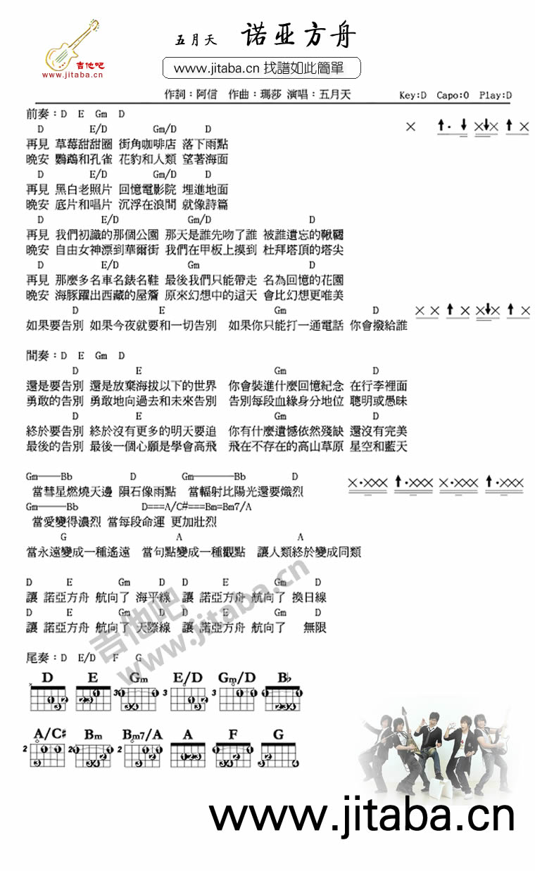 诺亚方舟吉他谱,原版五月天歌曲,简单D调弹唱教学,吉他吧版六线指弹简谱图