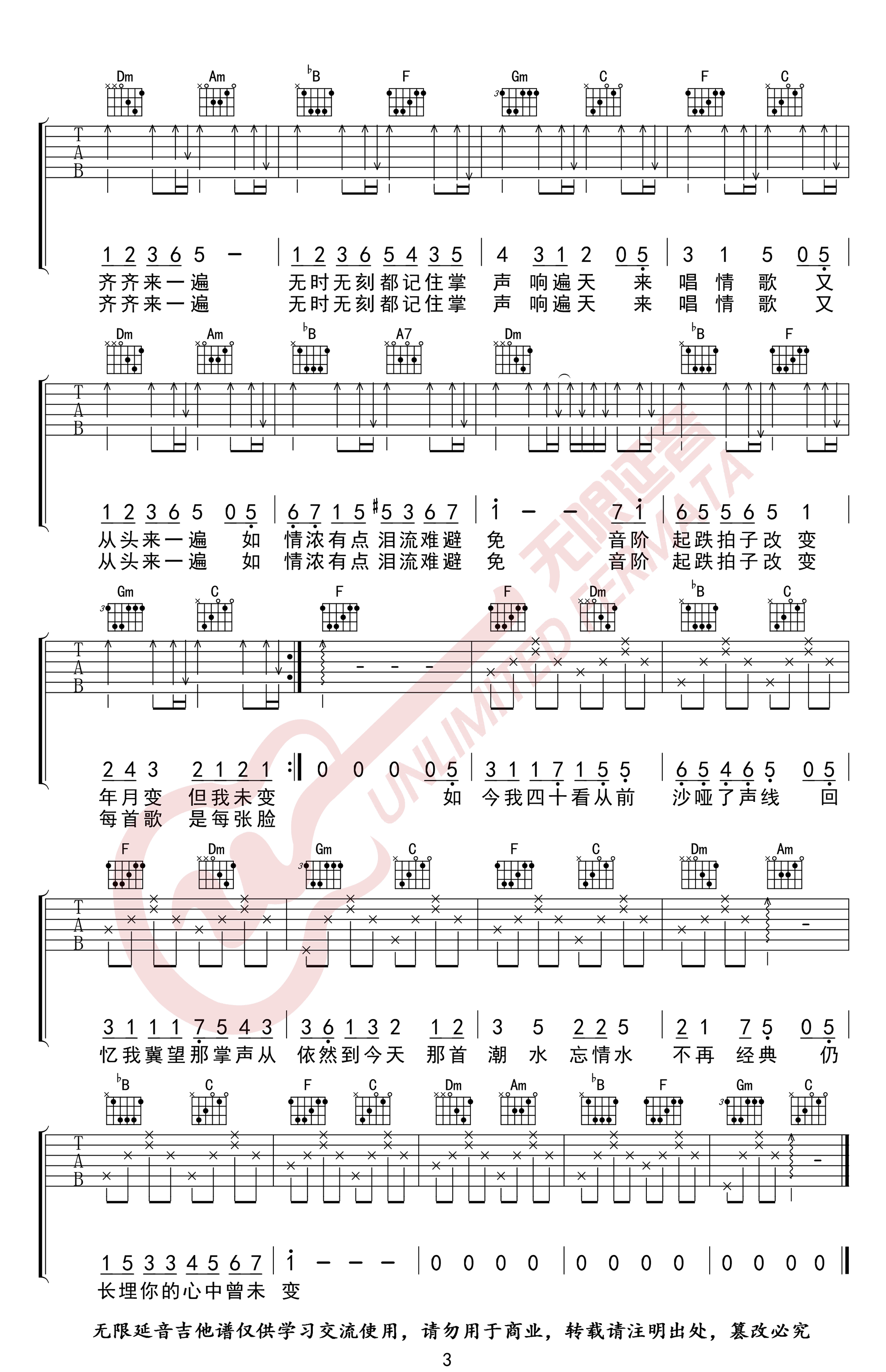 17岁吉他谱,原版刘德华歌曲,简单F调弹唱教学,无限延音版六线指弹简谱图