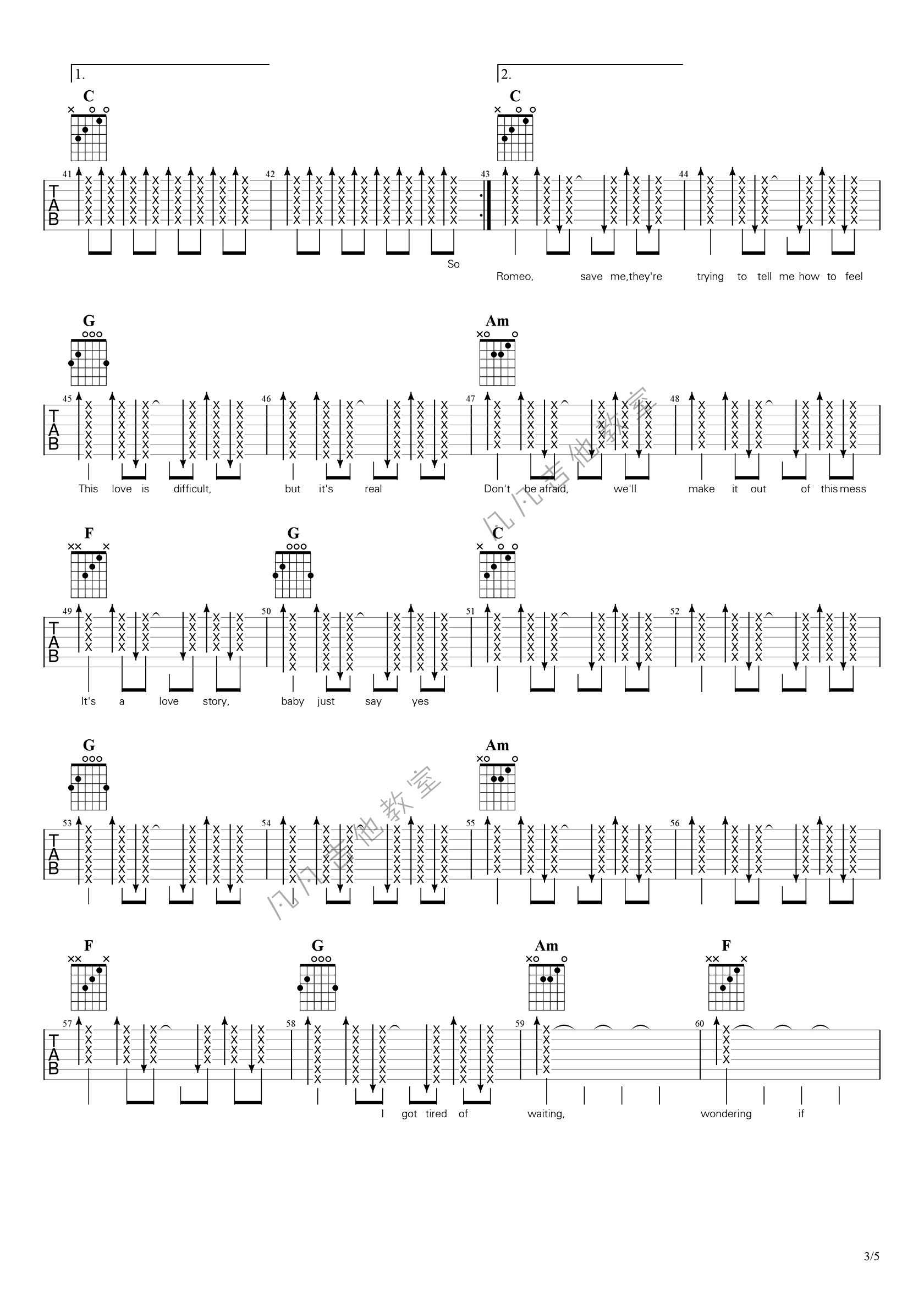 LoveStory,泰勒斯威夫歌曲,简单指弹教学简谱,凡凡吉他教室六线谱图片