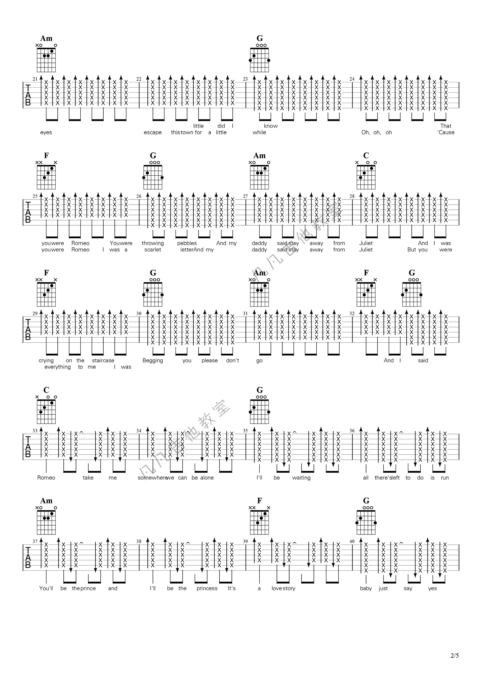 LoveStory,泰勒斯威夫歌曲,简单指弹教学简谱,凡凡吉他教室六线谱图片