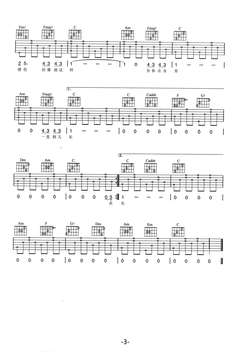 我喜欢吉他谱,原版梁静茹歌曲,简单C调弹唱教学,网络转载版六线指弹简谱图