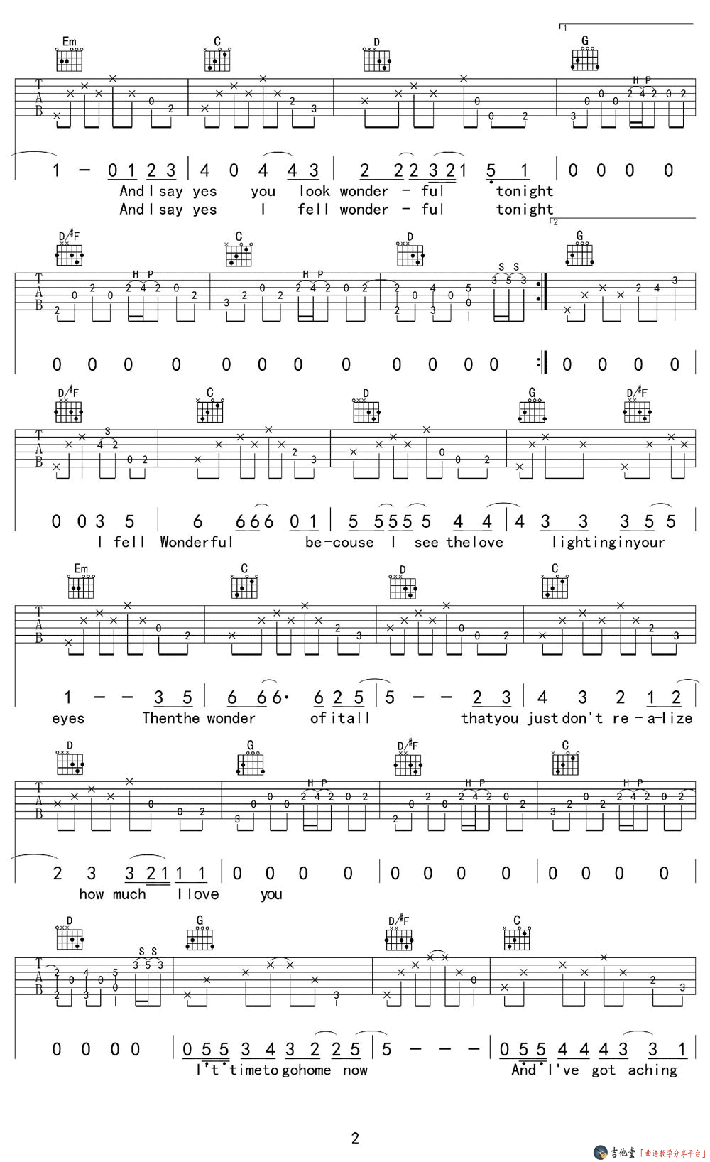WonderfulTonight吉他谱,原版EricClapton歌曲,简单G调弹唱教学,八音阁版六线指弹简谱图