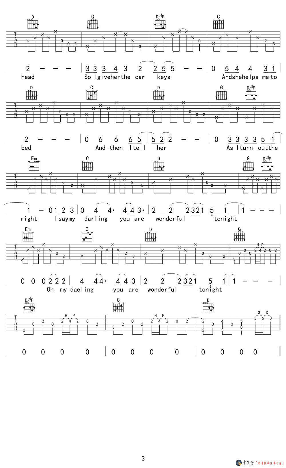 WonderfulTonight吉他谱,原版EricClapton歌曲,简单G调弹唱教学,八音阁版六线指弹简谱图