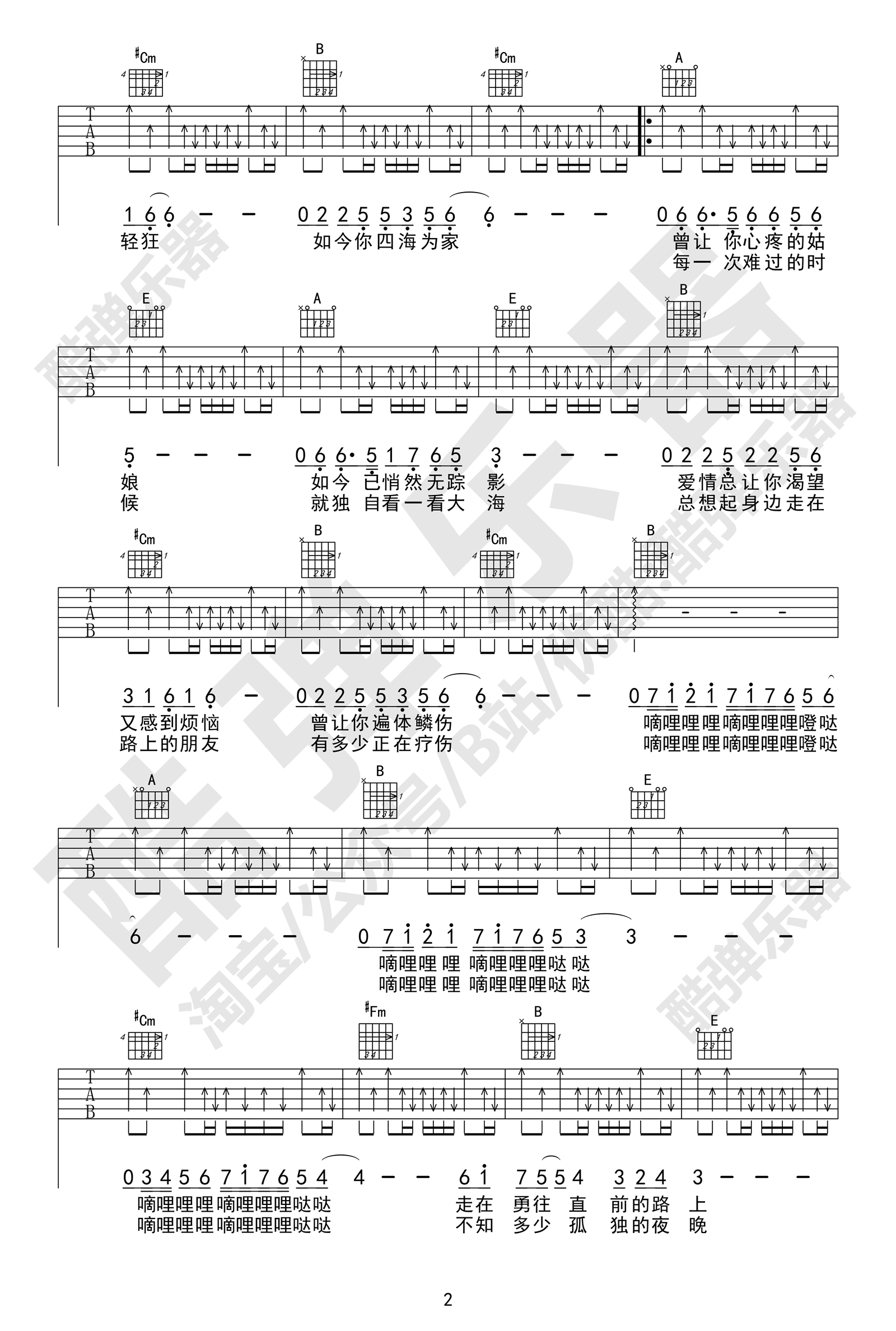 曾经的你吉他谱,许巍歌曲,简单指弹教学简谱,酷弹乐器六线谱图片