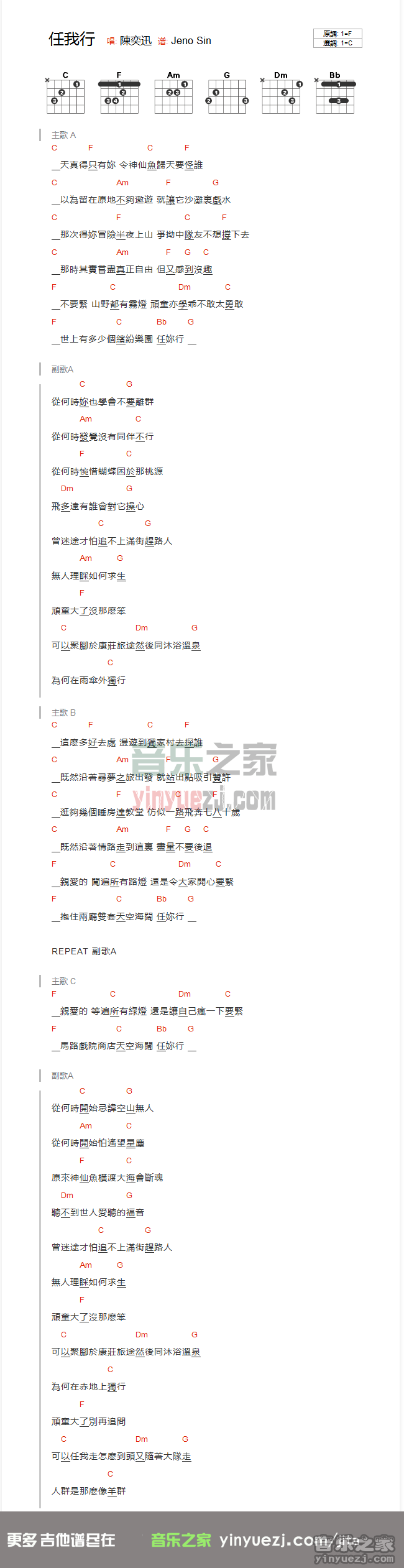 任我行吉他谱,原版陈奕迅歌曲,简单C调弹唱教学,音乐之家版六线指弹简谱图