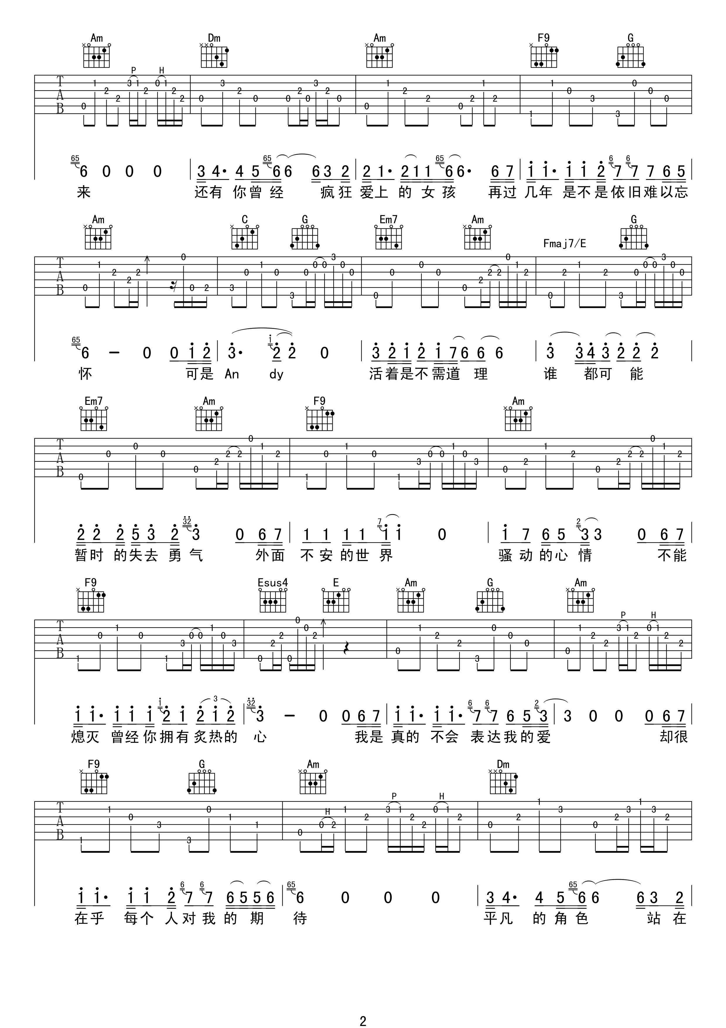 andy吉他谱,原版阿杜歌曲,简单C调弹唱教学,17吉他版六线指弹简谱图