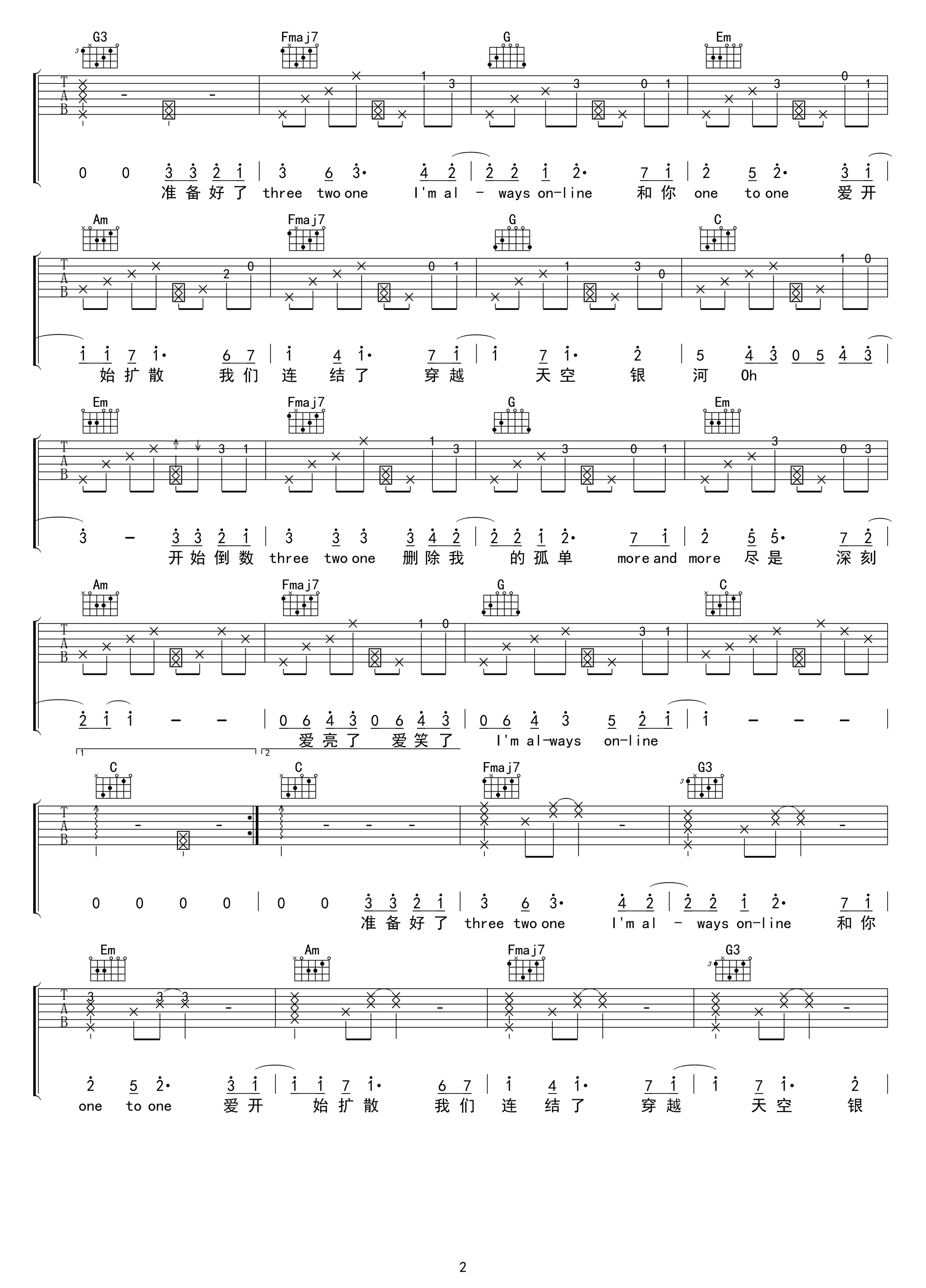 AlwaysOnline吉他谱,原版林俊杰歌曲,简单C调弹唱教学,吴先生版六线指弹简谱图