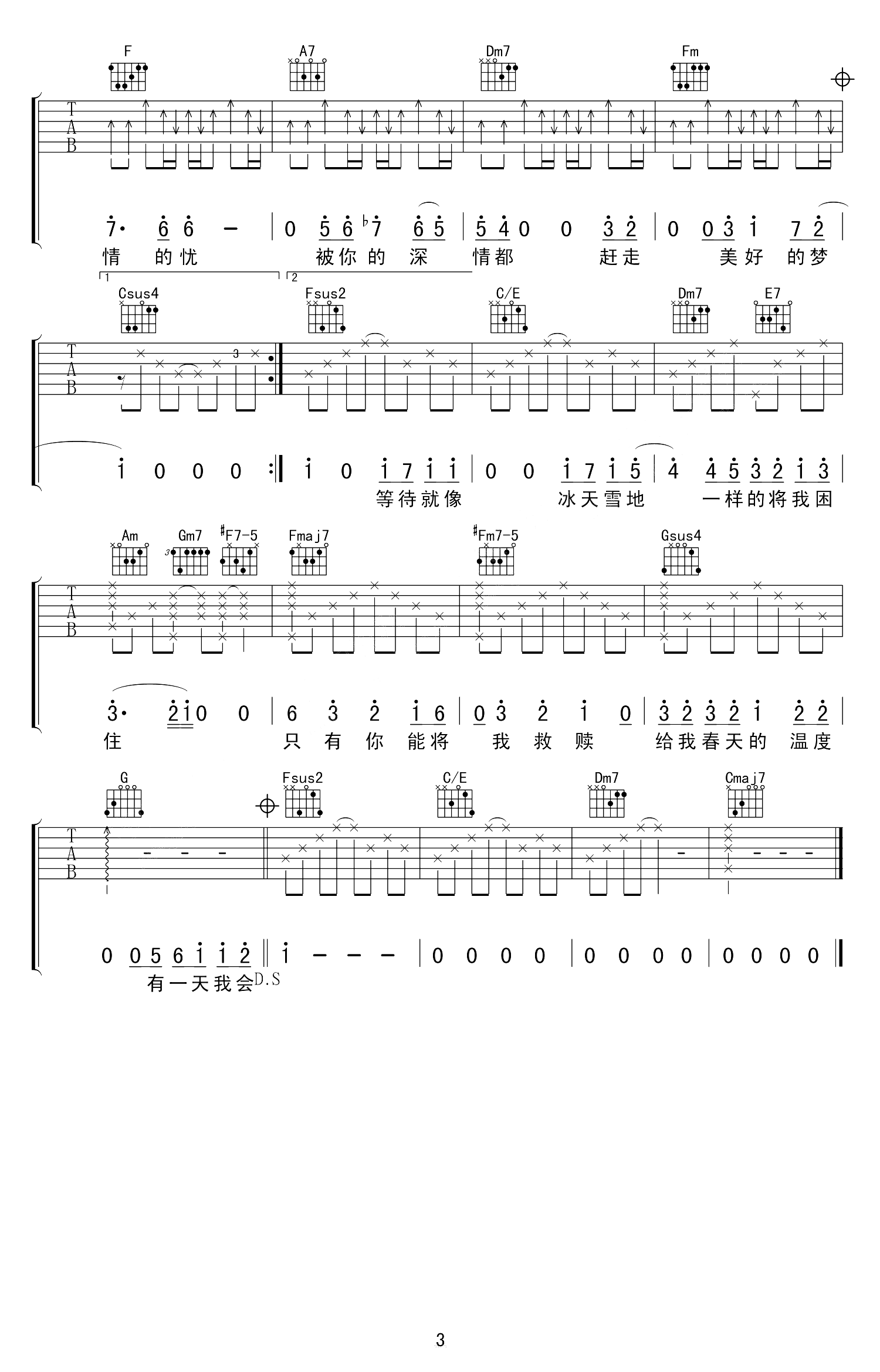 长腿叔叔吉他谱,原版袁娅维歌曲,简单E调弹唱教学,网络转载版六线指弹简谱图