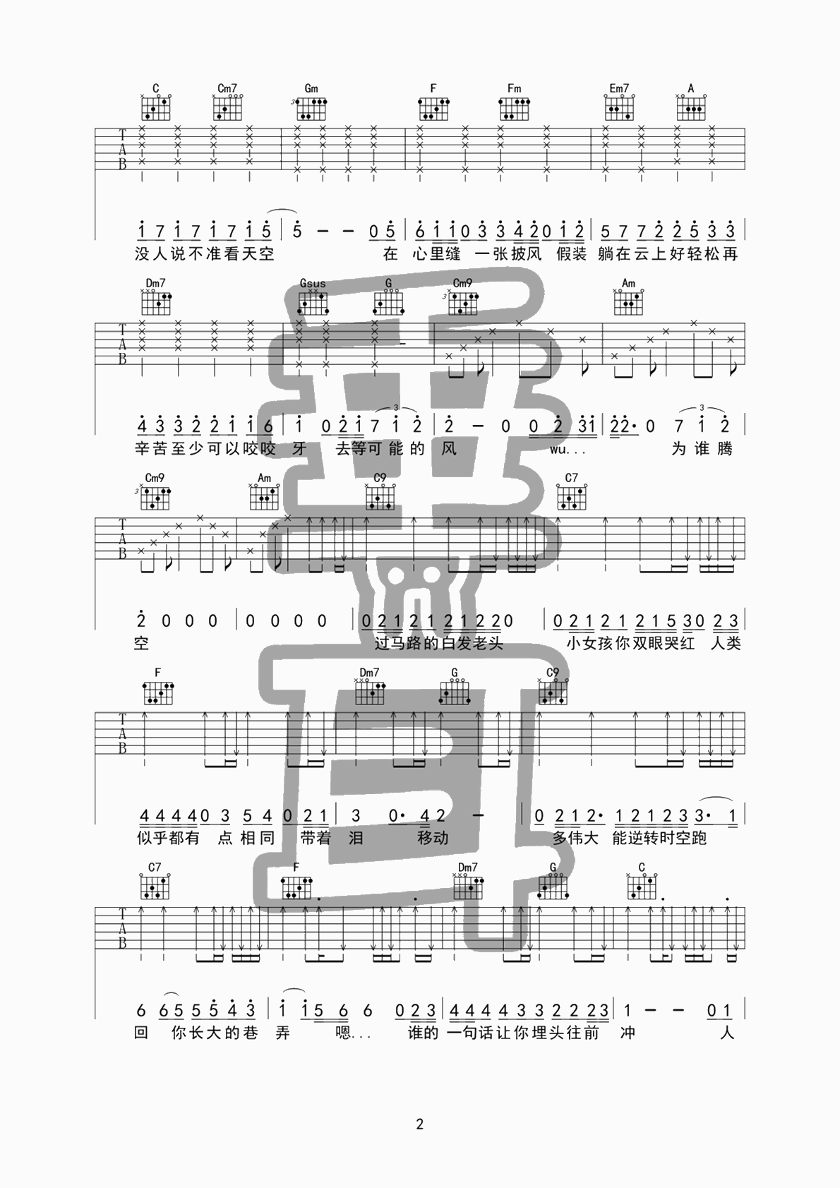 披风吉他谱,原版陈奕迅歌曲,简单C调弹唱教学,垂耳吉他版六线指弹简谱图