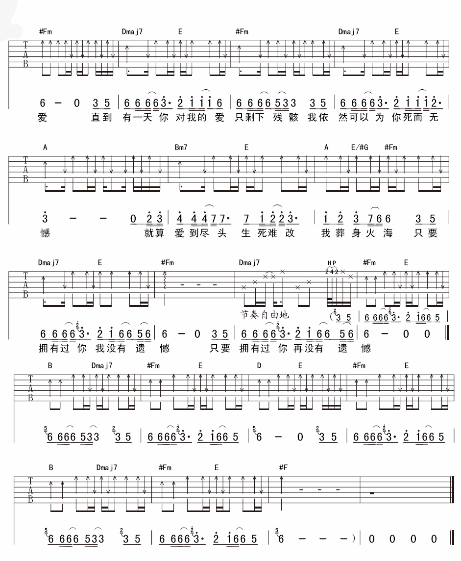 死而无憾吉他谱,原版爱乐团歌曲,简单B调弹唱教学,延麟版六线指弹简谱图