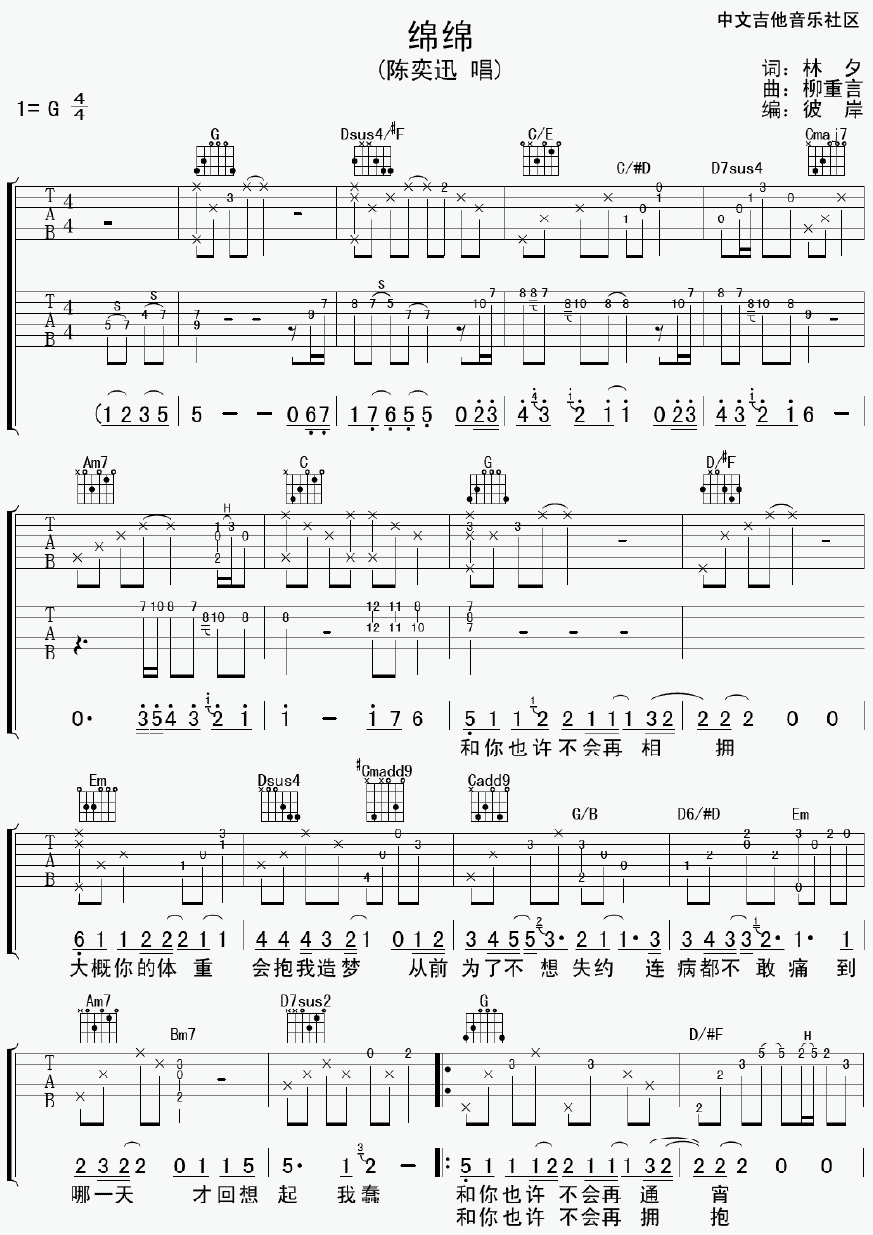 绵绵吉他谱,原版陈奕迅歌曲,简单G调弹唱教学,17吉他版六线指弹简谱图