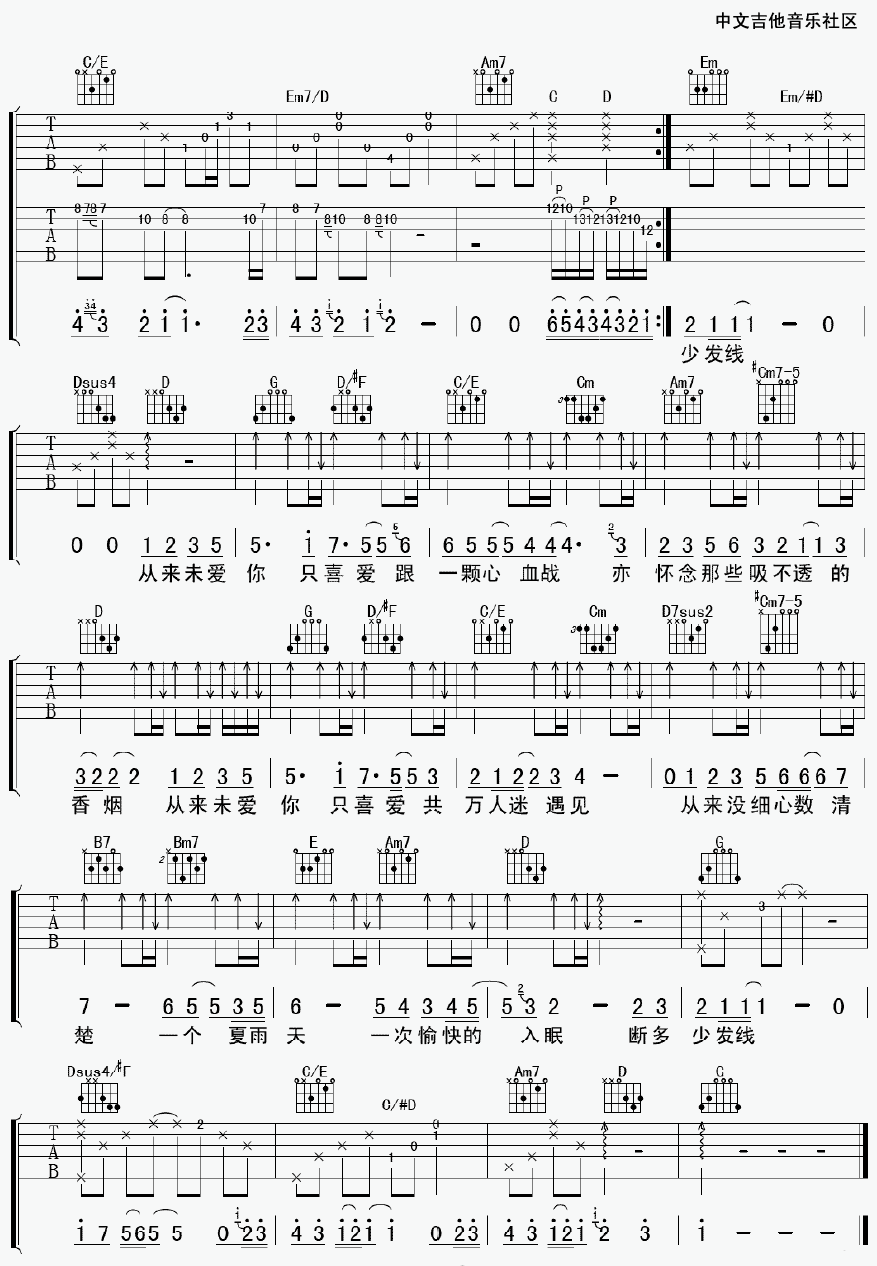 绵绵吉他谱,原版陈奕迅歌曲,简单G调弹唱教学,17吉他版六线指弹简谱图