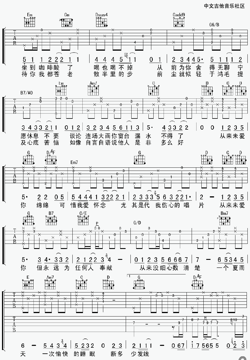 绵绵吉他谱,原版陈奕迅歌曲,简单G调弹唱教学,17吉他版六线指弹简谱图