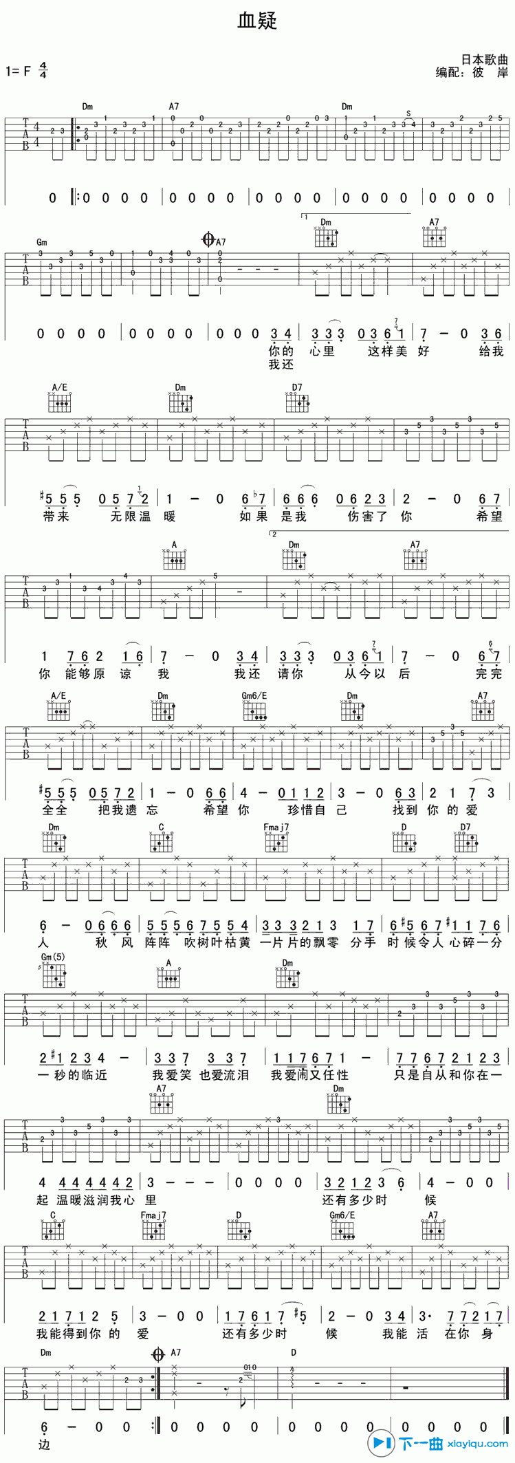 血疑吉他谱,原版钟立风歌曲,简单F调弹唱教学,彼岸吉他版六线指弹简谱图