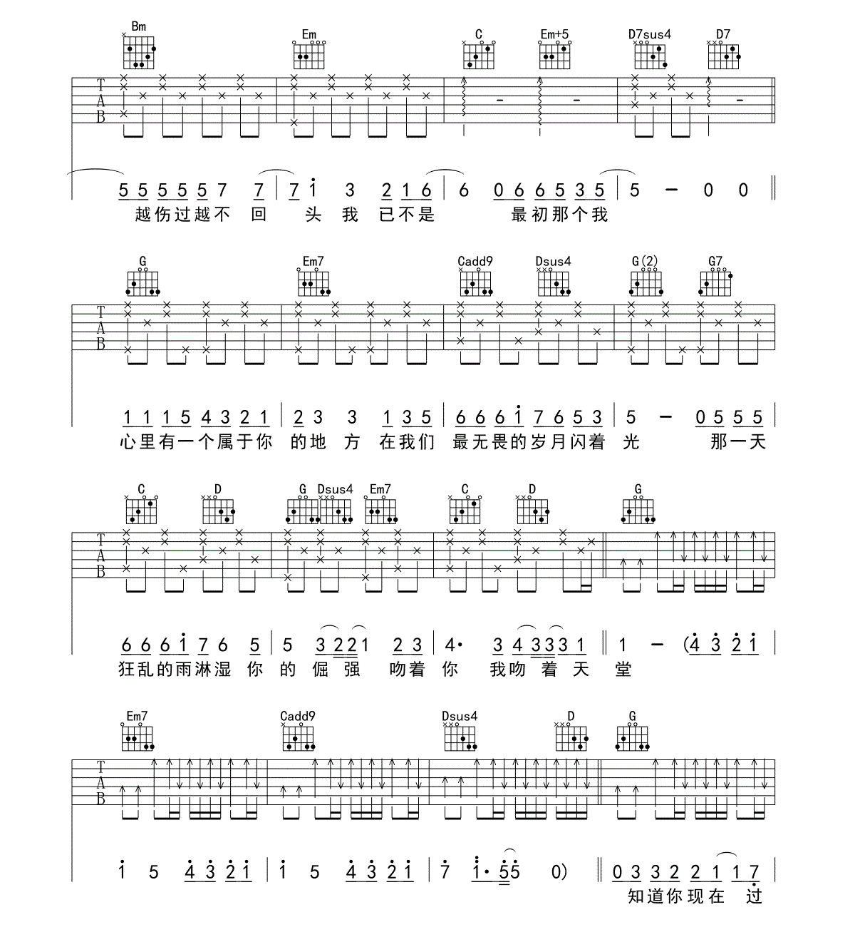 回忆里的疯狂吉他谱,原版光良歌曲,简单G调弹唱教学,网络转载版六线指弹简谱图