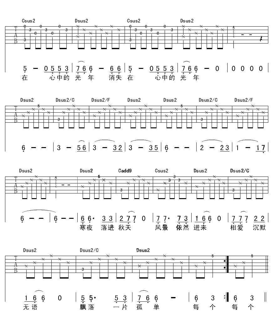 消失的光年吉他谱,原版大乔小乔歌曲,简单F调弹唱教学,彼岸吉他版六线指弹简谱图