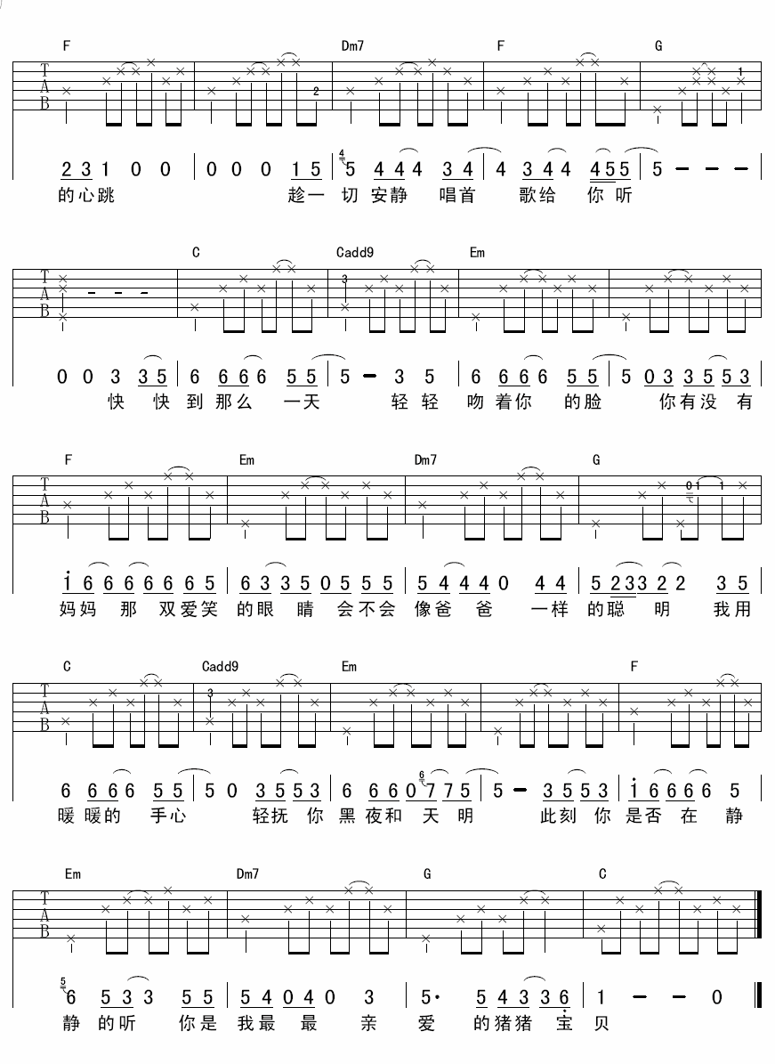 猪猪宝贝吉他谱,原版孙悦歌曲,简单C调弹唱教学,延麟版六线指弹简谱图