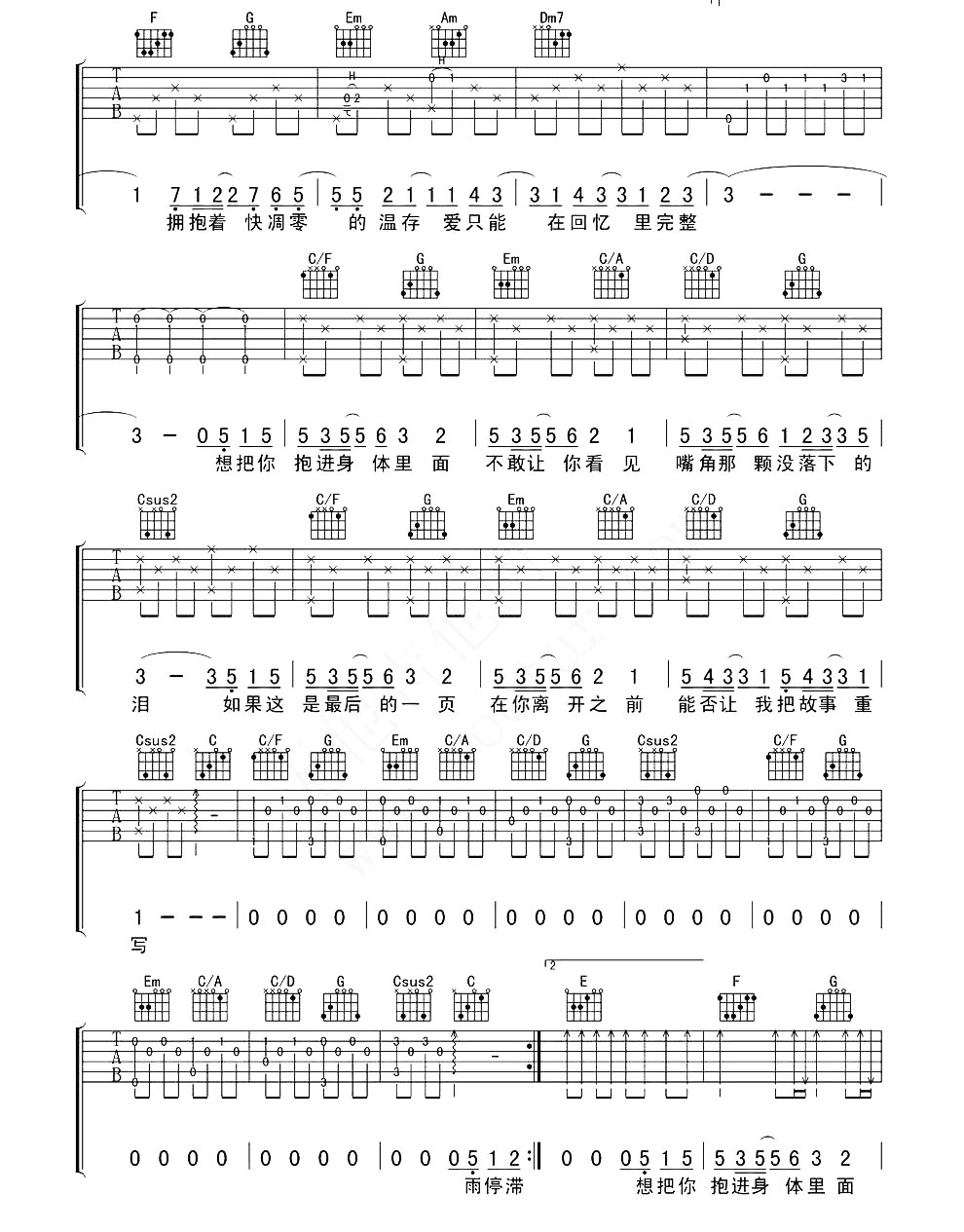 最后一页吉他谱,原版江语晨歌曲,简单C调弹唱教学,网络转载版六线指弹简谱图