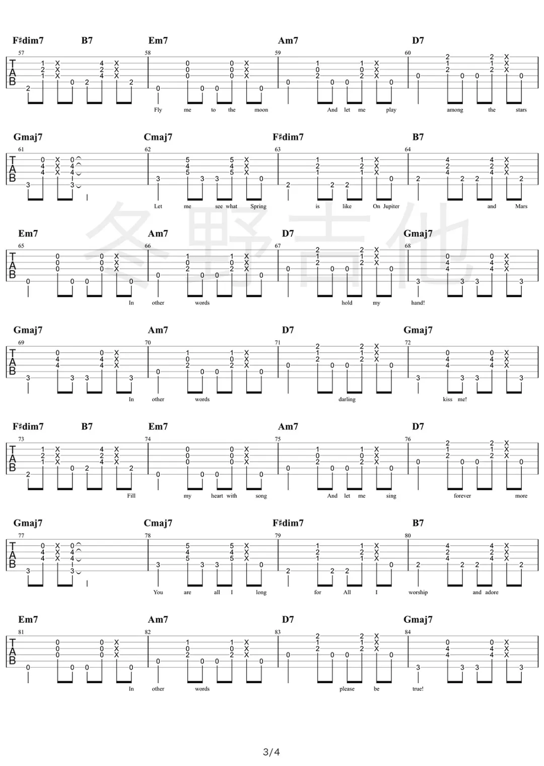 flymetothemoon吉他谱,原版Westlife歌曲,简单原调弹唱教学,冬野吉他版六线指弹简谱图