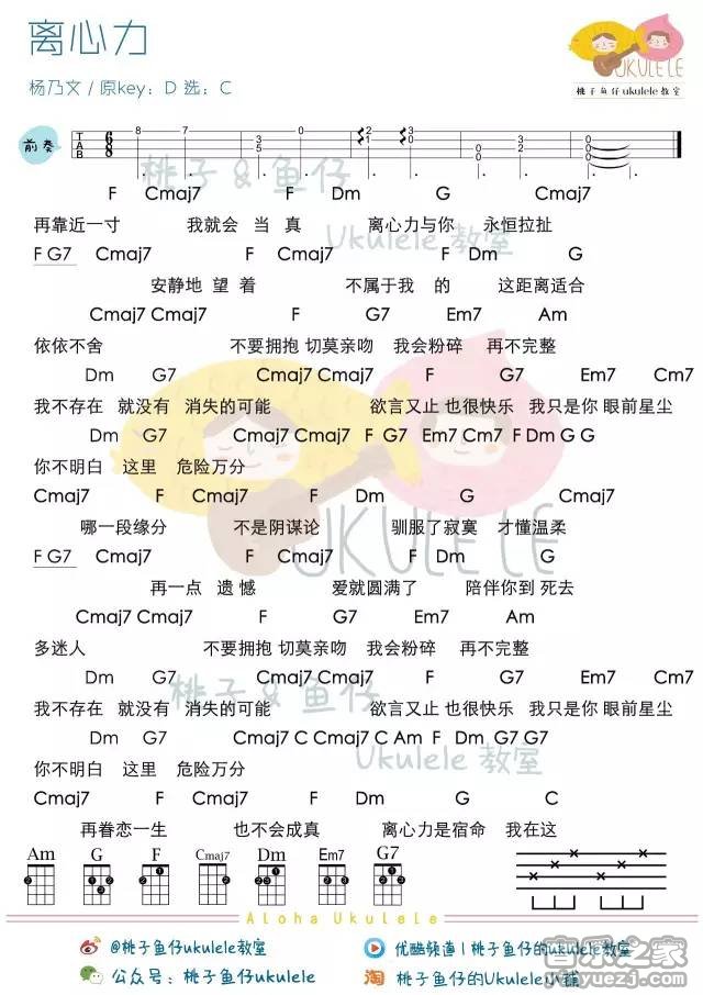 离心力吉他谱,原版杨乃文歌曲,简单C调弹唱教学,桃子鱼仔版六线指弹简谱图