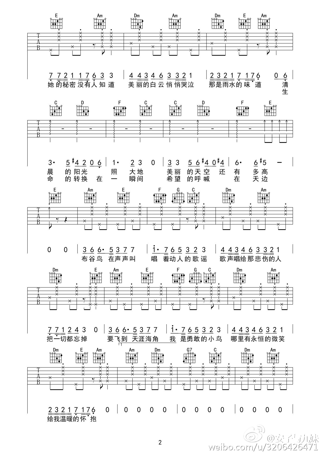 布谷鸟吉他谱,原版安子与九妹歌曲,简单D调弹唱教学,安子与九妹版六线指弹简谱图