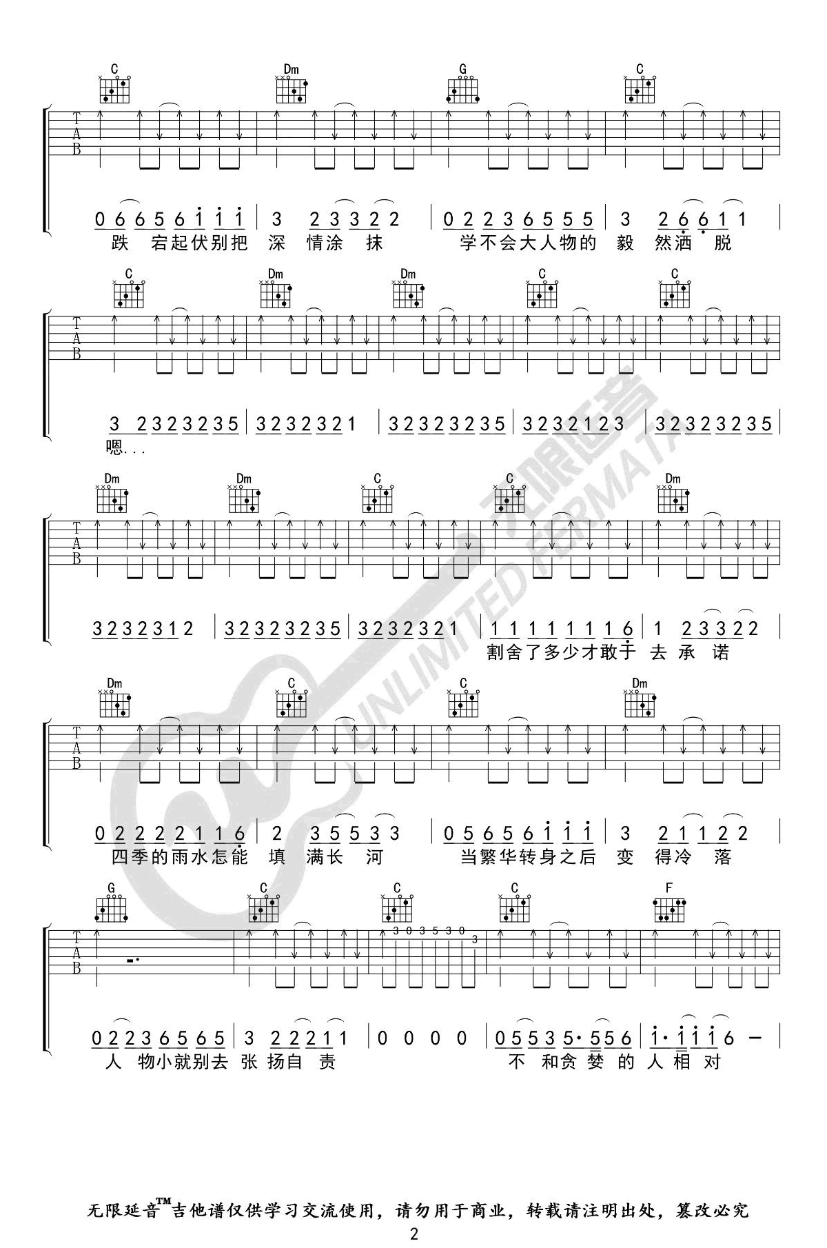 小人物吉他谱,赵雷歌曲,C调简单指弹教学简谱,无限延音六线谱图片