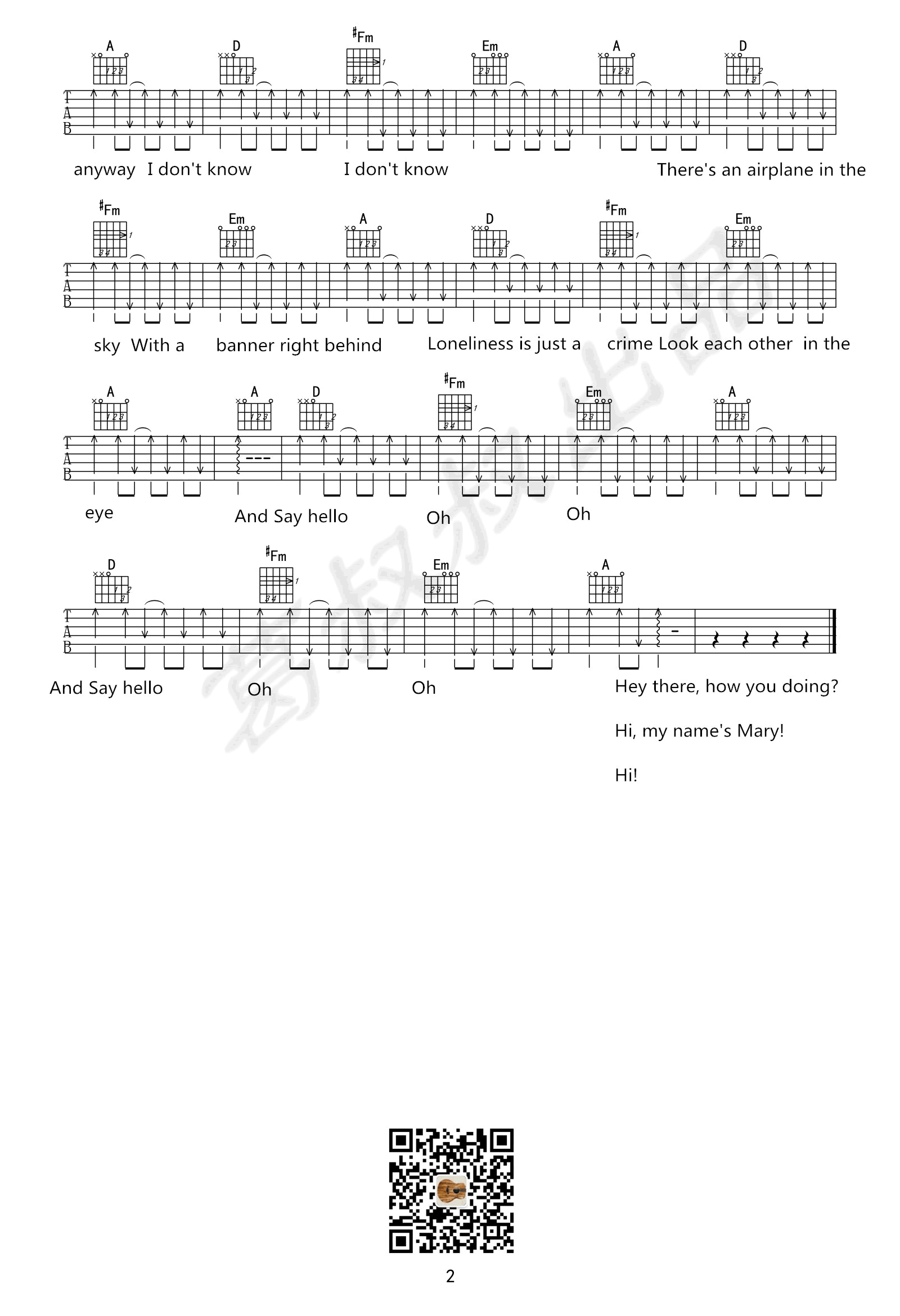 SayHello吉,Rosie歌曲,简单指弹教学简谱,葛叔叔六线谱图片