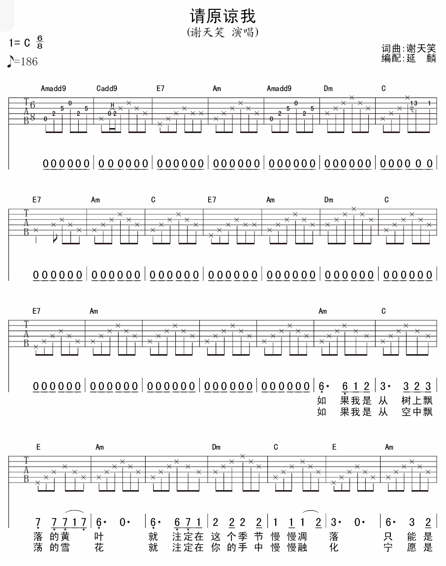 请原谅我吉他谱,原版谢笑天歌曲,简单C调弹唱教学,延麟版六线指弹简谱图