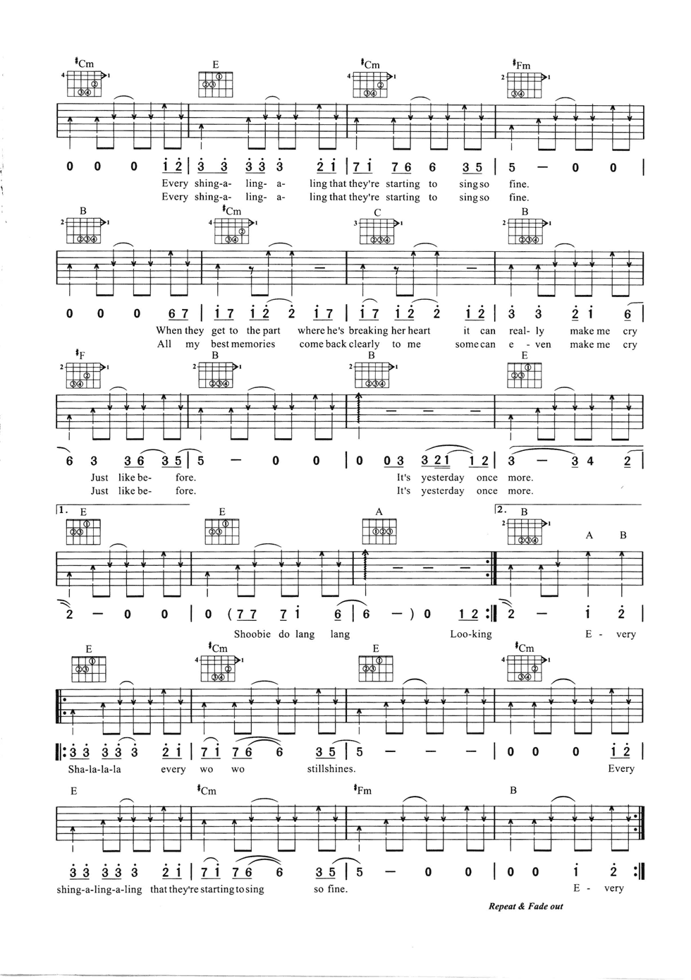 YesterdayOnceMore吉他谱,原版Carpenters歌曲,简单E调弹唱教学,网络转载版六线指弹简谱图