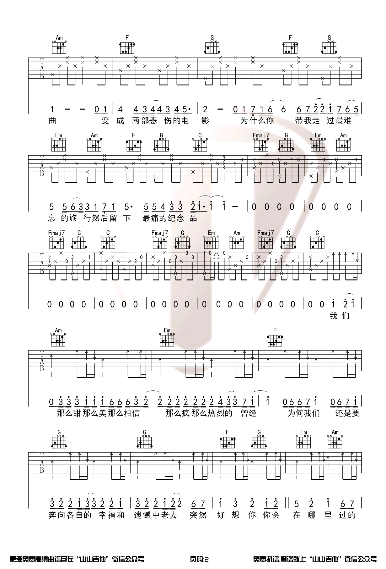 突然好想你吉他谱,阿信歌曲,简单指弹教学简谱,山山吉他六线谱图片