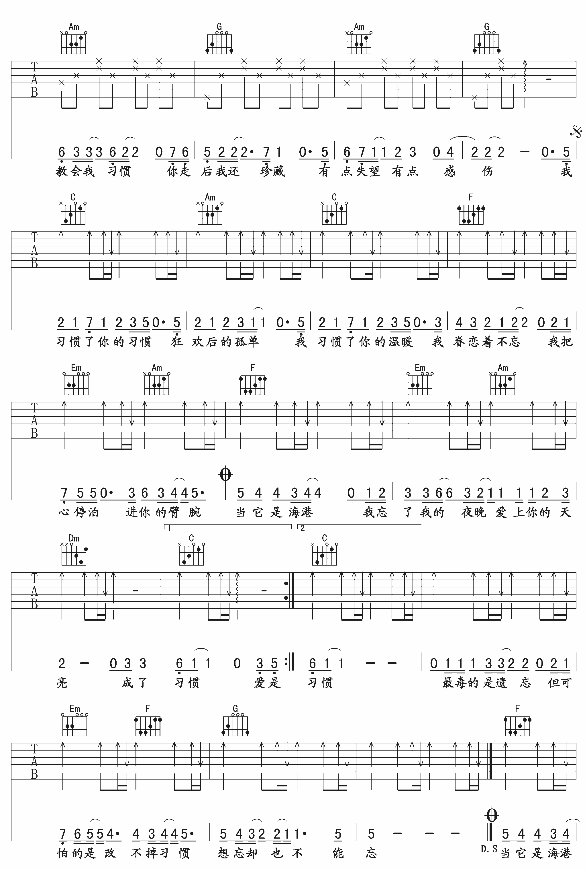 习惯吉他谱,原版李慧珍歌曲,简单E调弹唱教学,午夜版六线指弹简谱图