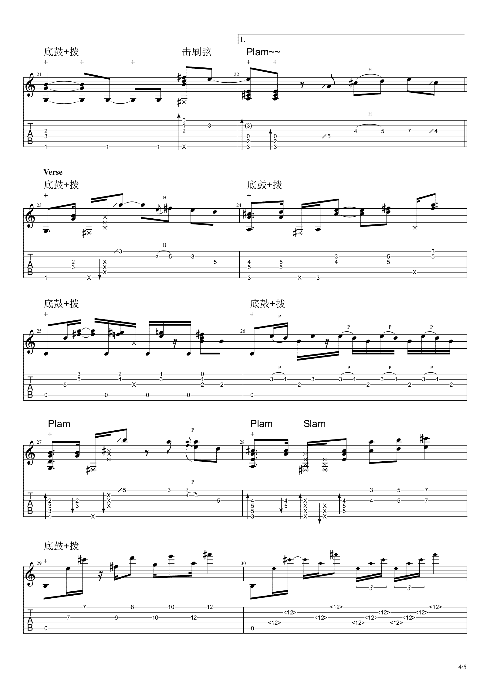 红色高跟鞋指弹谱,蔡健雅歌曲,简单指弹教学简谱,日成酱六线谱图片