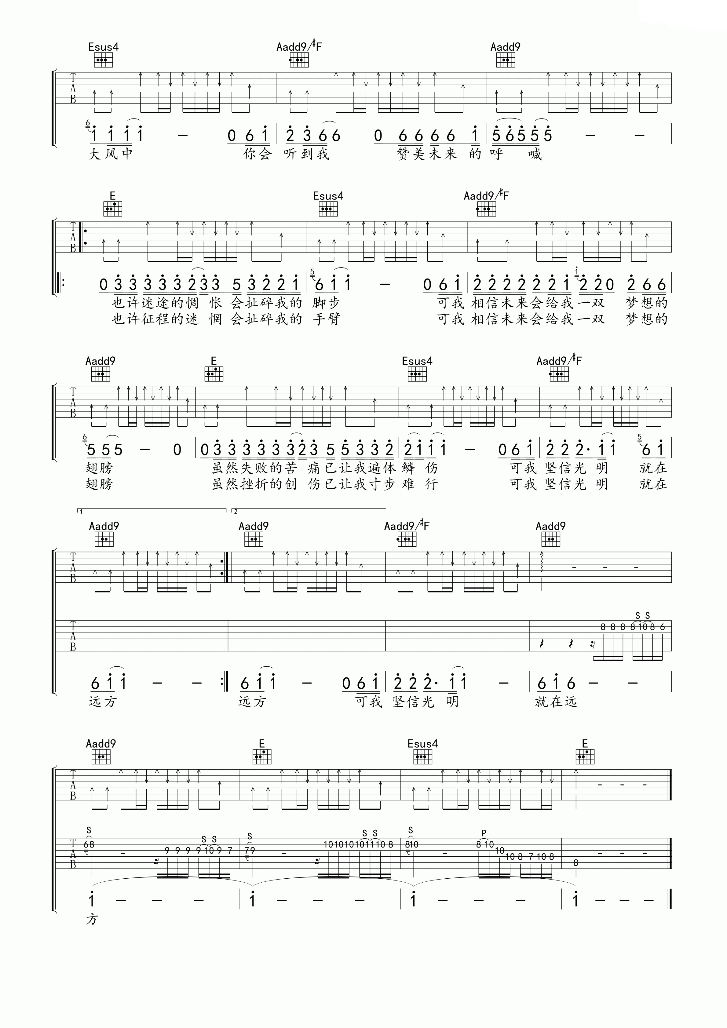 光明吉他谱,原版汪峰歌曲,简单F调弹唱教学,卢海江版六线指弹简谱图