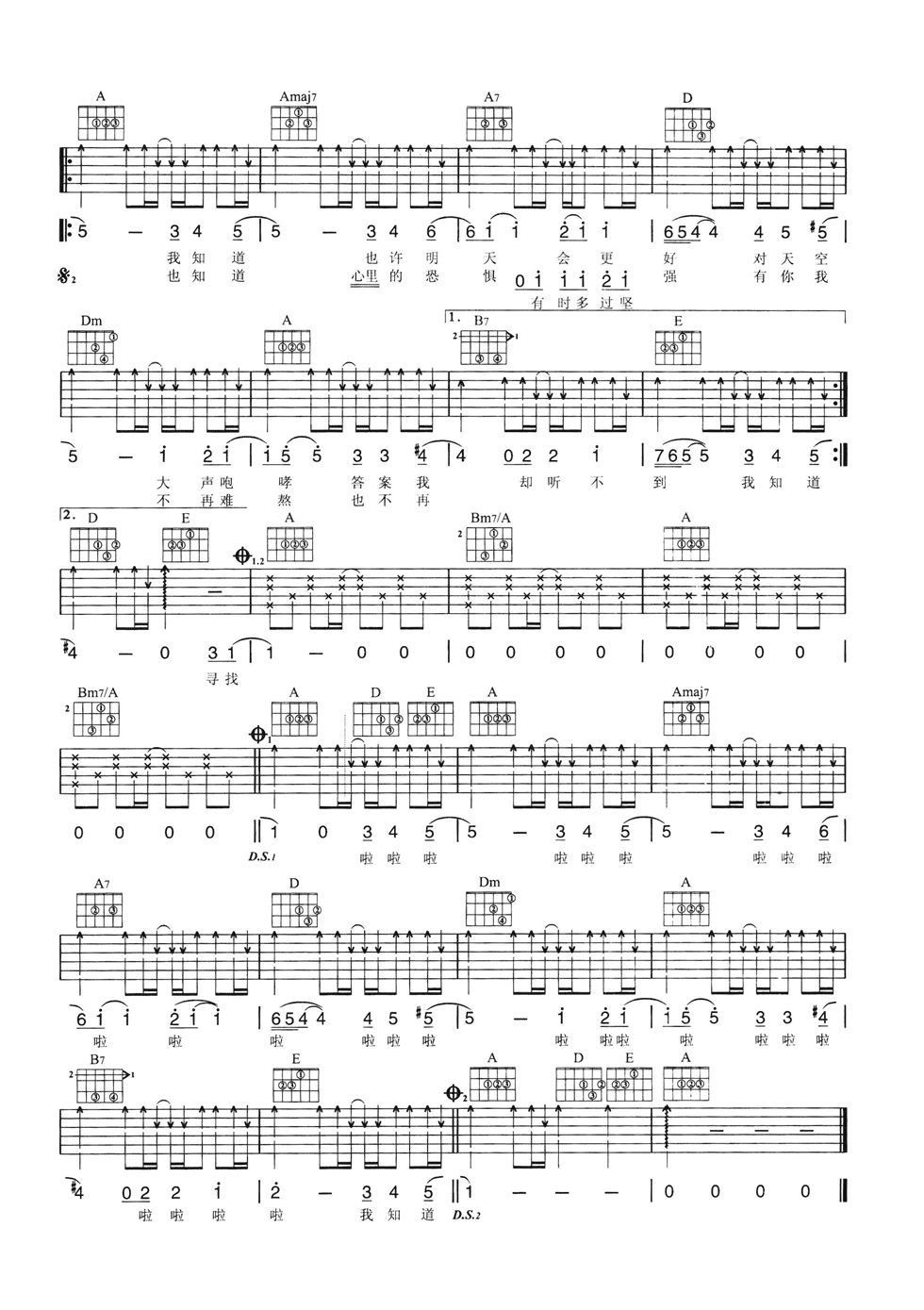 Stefanie吉他谱,原版孙燕姿歌曲,简单a调弹唱教学,网络转载版六线指弹简谱图