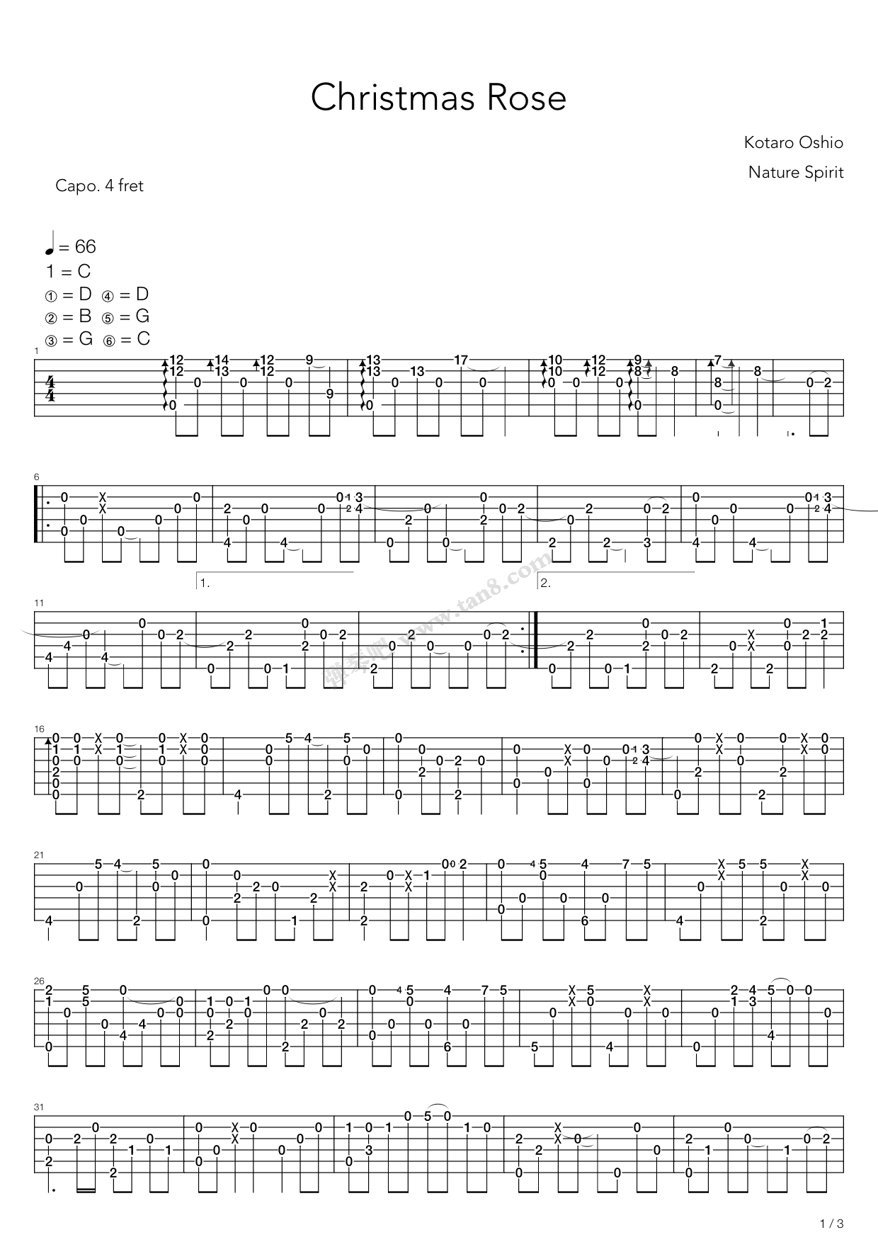 ChristmasRose吉他指弹谱C调吉他谱,原版押尾桑歌曲,简单吉他弹唱教学,弹琴吧版六线指弹简谱图