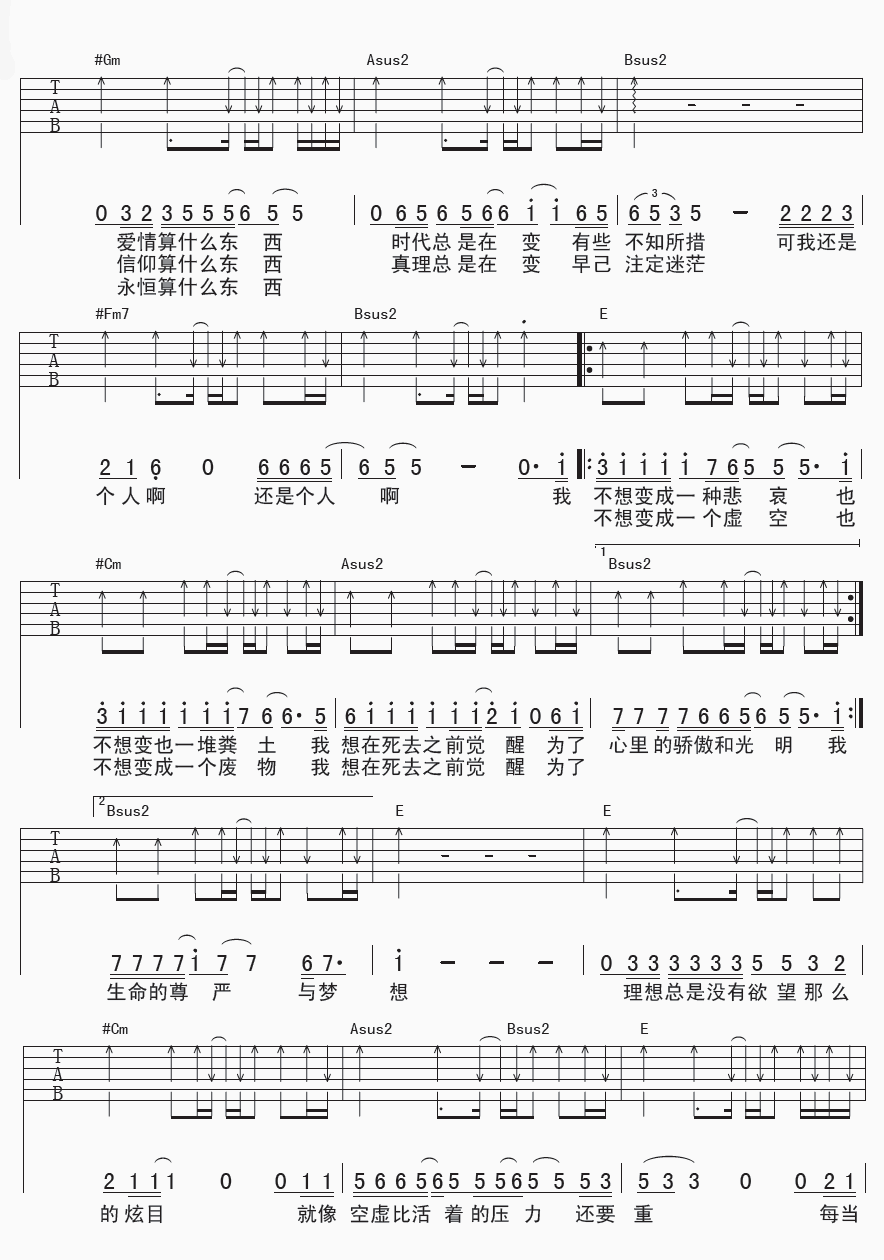 觉醒吉他谱,原版汪峰歌曲,简单E调弹唱教学,齐延麟版六线指弹简谱图