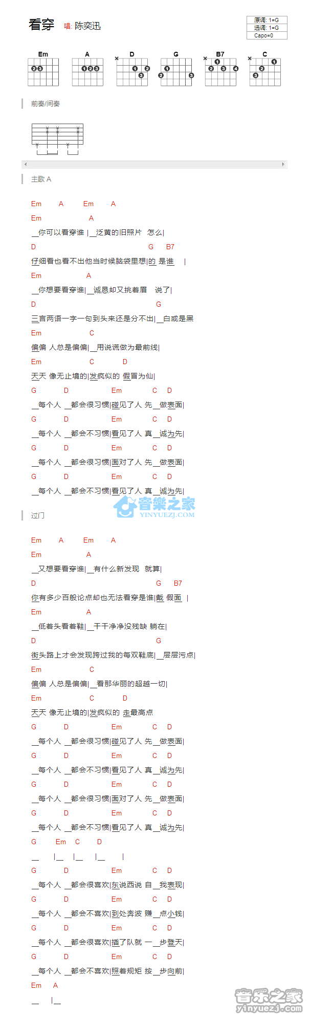 看穿吉他谱,原版陈奕迅歌曲,简单G调弹唱教学,音乐之家版六线指弹简谱图