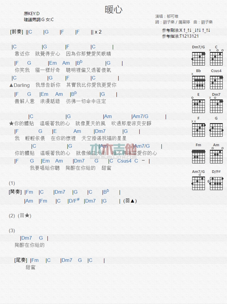 暖心吉他谱,原版郁可唯歌曲,简单C调弹唱教学,木木吉他版六线指弹简谱图